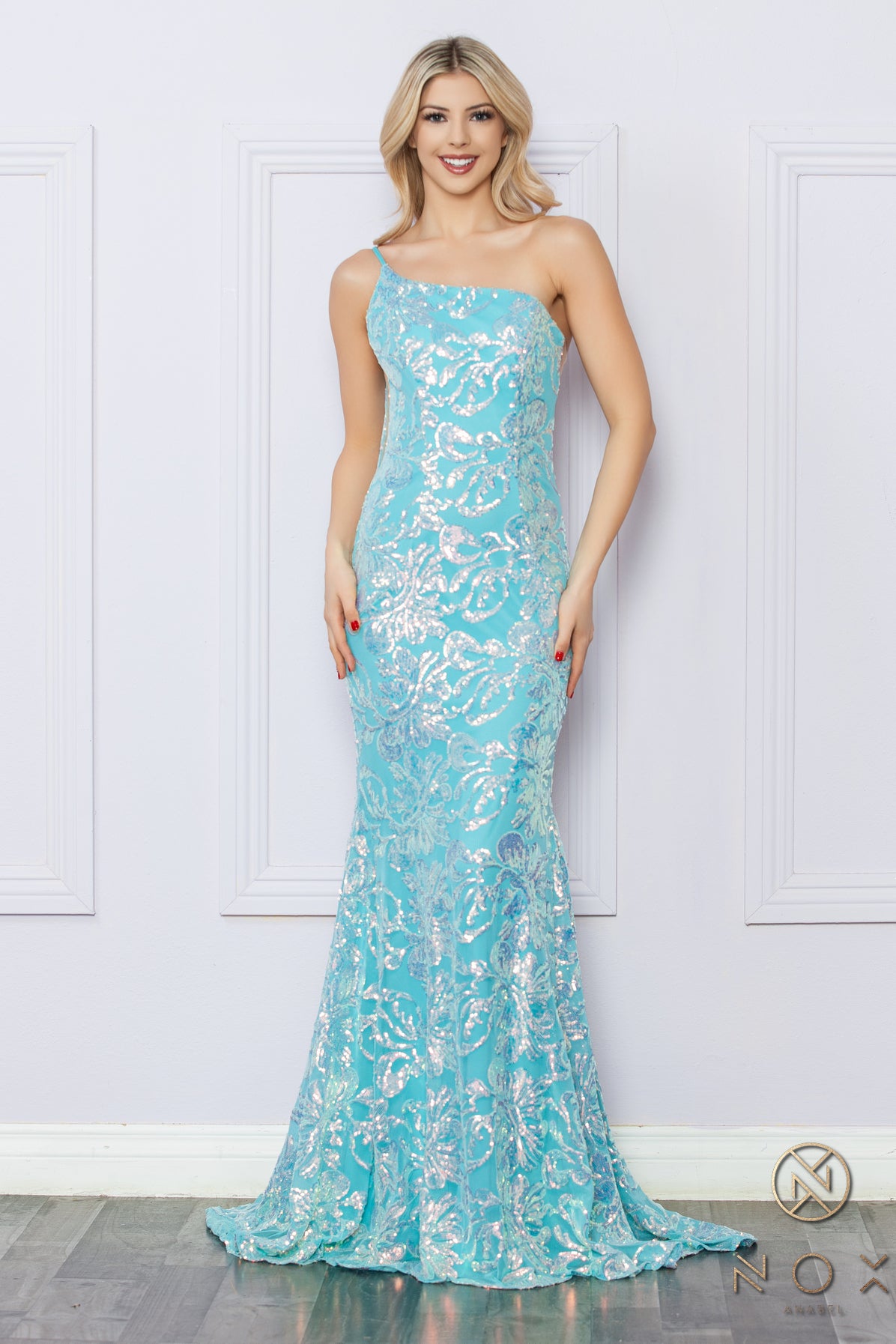 NA24-R1308 One Shoulder Floral Sequin Gown, Zipper Closure