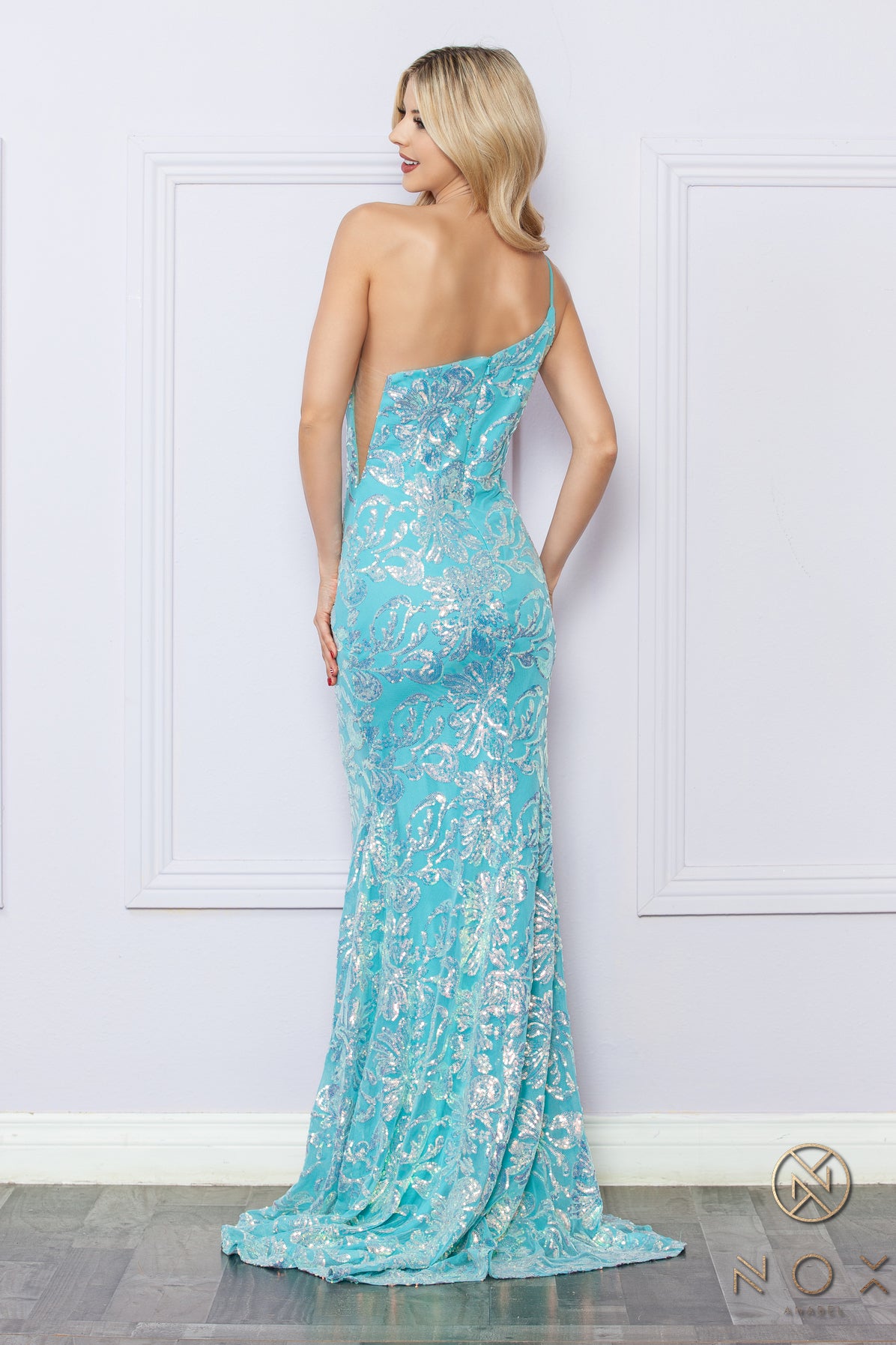 NA24-R1308 One Shoulder Floral Sequin Gown, Zipper Closure