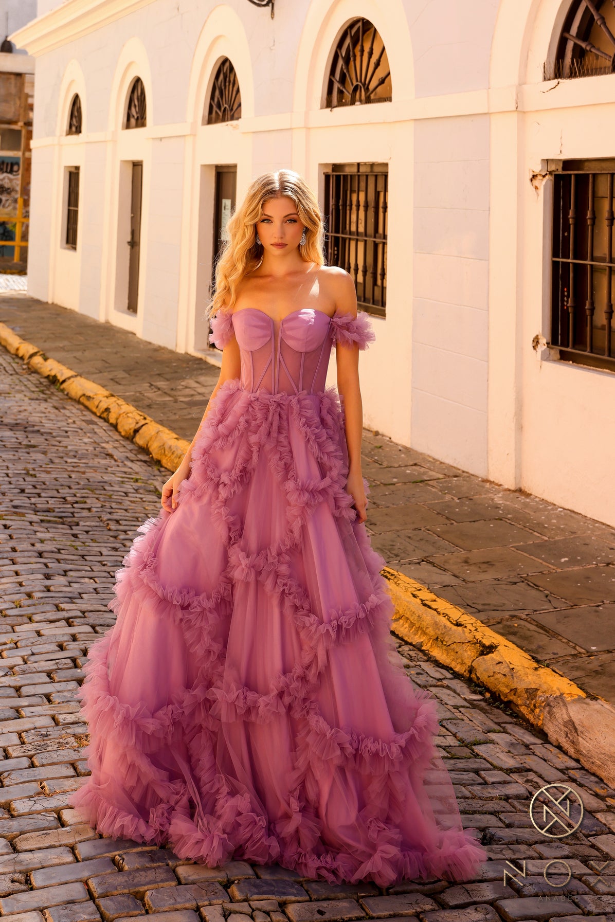 NA24-Y1472 TULLE SHEER CORSET OFF SHOULDER BALL GOWN