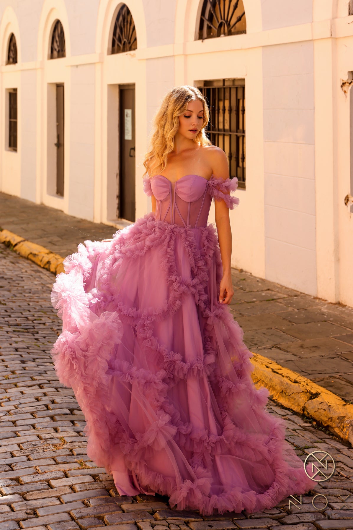 NA24-Y1472 TULLE SHEER CORSET OFF SHOULDER BALL GOWN