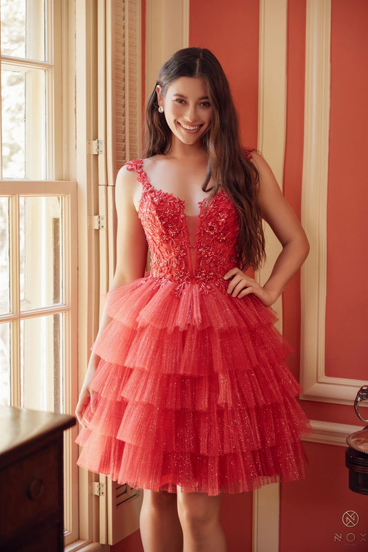 NA25-E904 APPLIQUE TULLE RUFFLE TIERED SHORT DRESS