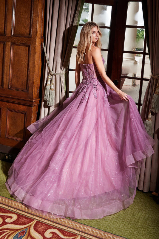 NA25- G1371 LONG A-LINE TULLE DRESS WITH A SWEETHEART TOP SEQUIN APPLIQUE OPEN SLIT