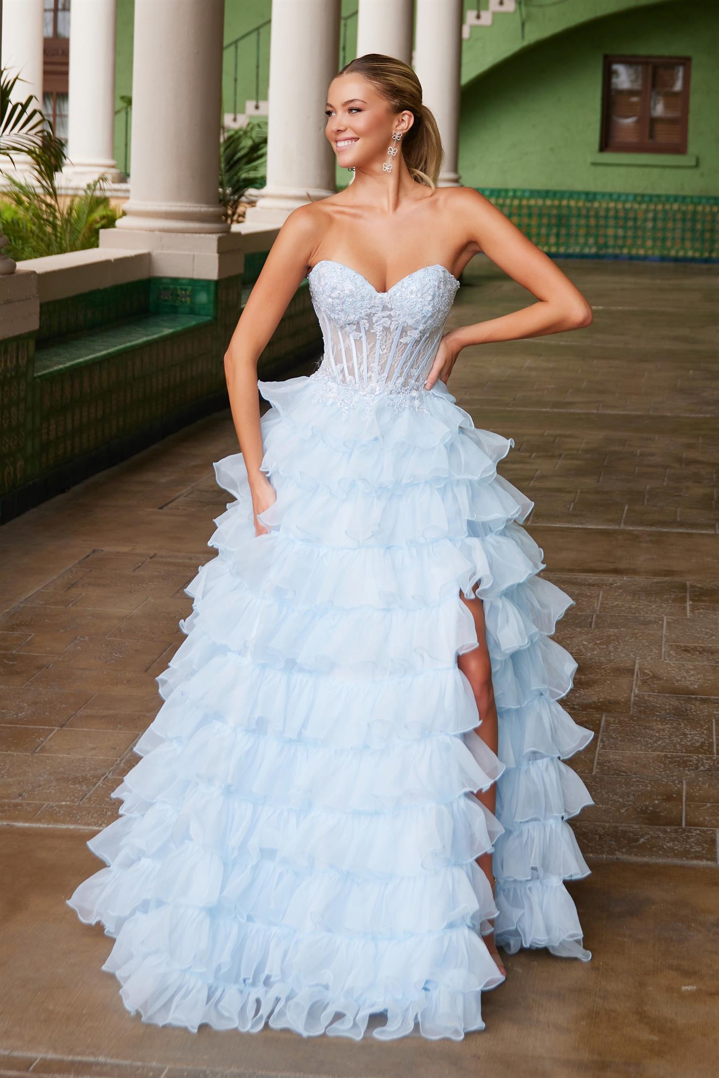 NA25-R1688 A-LINE LONG GOWN WITH A LONG LAYERED SKIRT BONED SHEER WAISTLINE SWEETHEART TOP