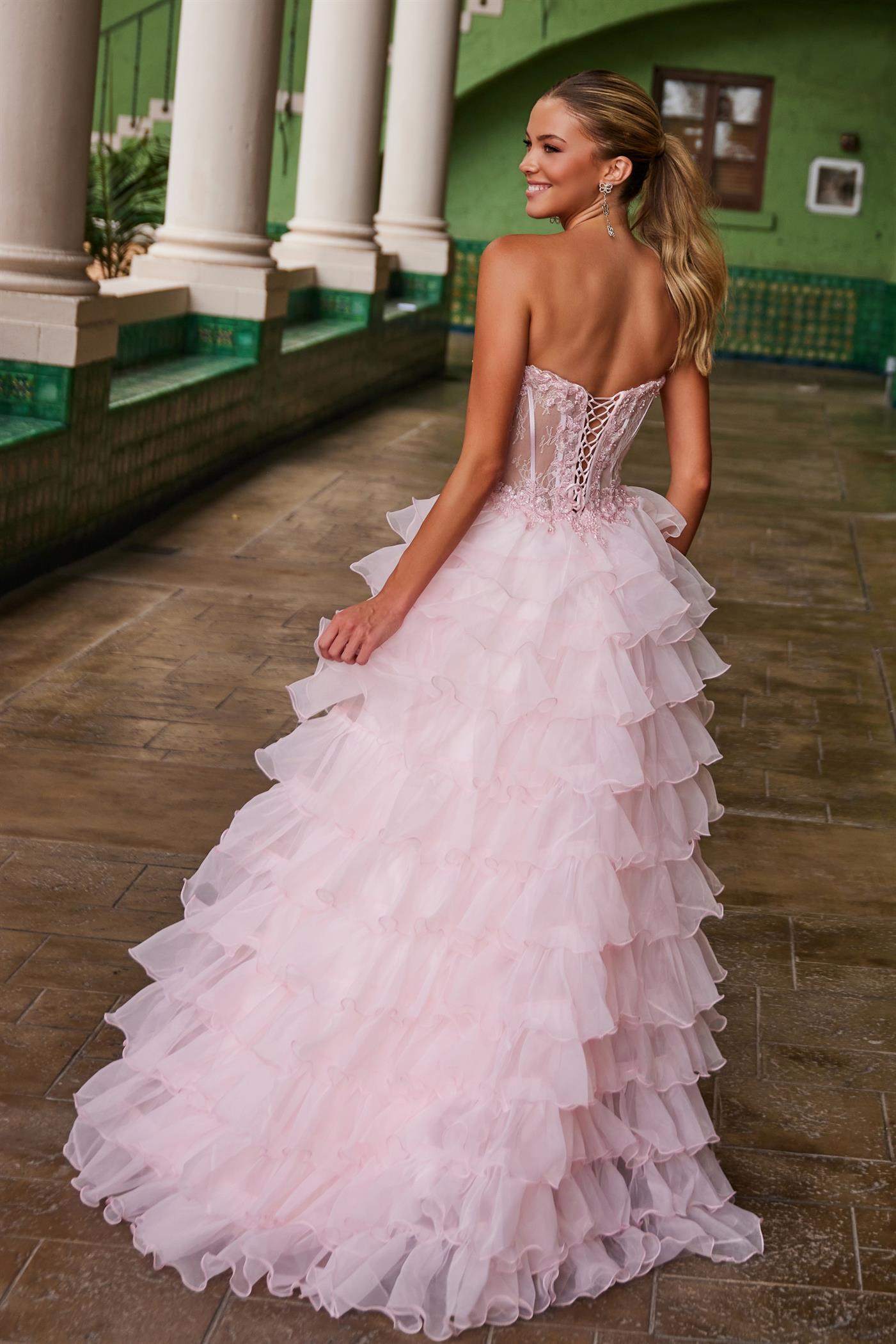 NA25-R1688 A-LINE LONG GOWN WITH A LONG LAYERED SKIRT BONED