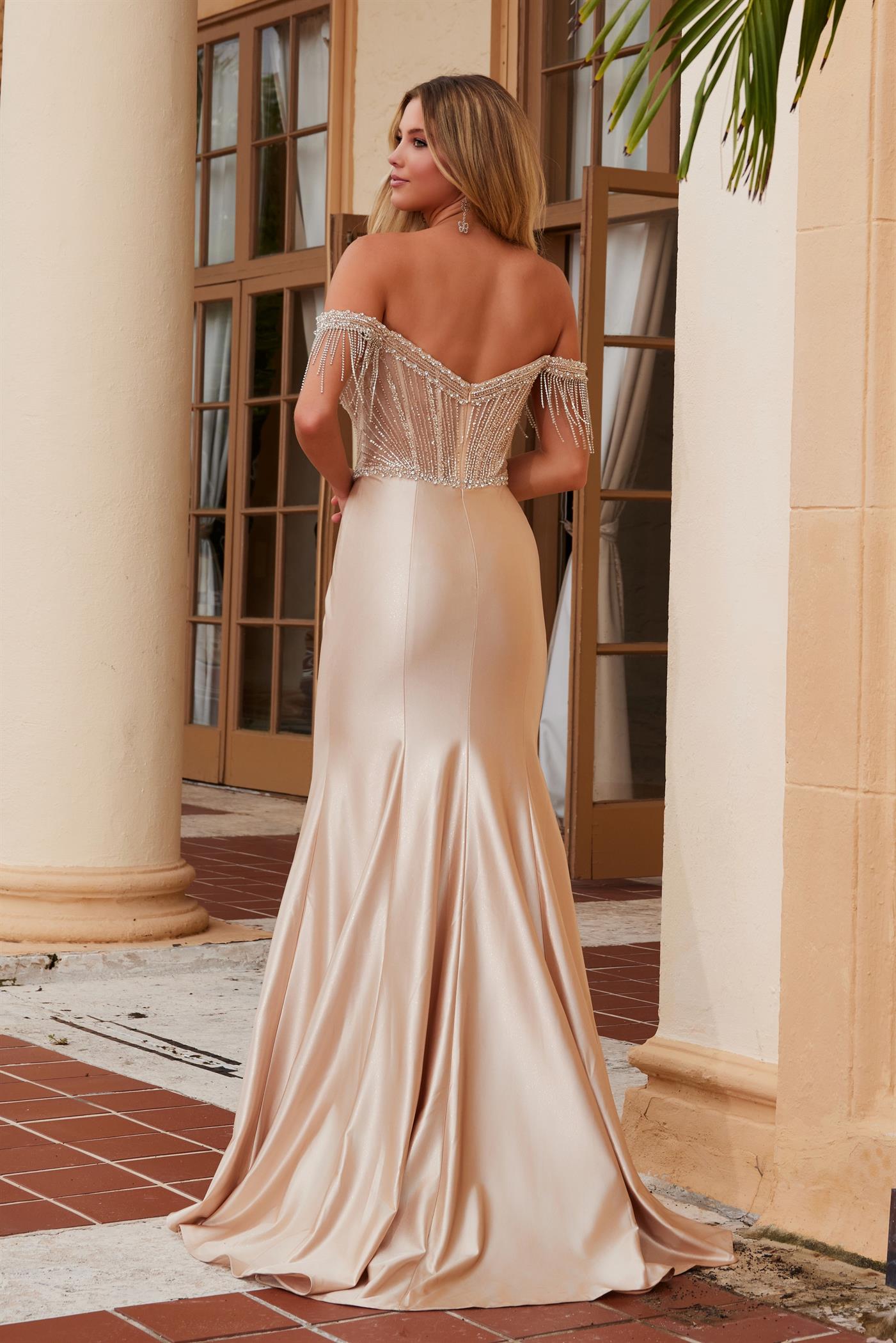 NA25- F1568 LONG SATIN DRESS THAT IS HEAVILY BEADED WITH A V-NECKLINE BONED SHEER WAISTLINE OFF-SHOULDER STRAPS