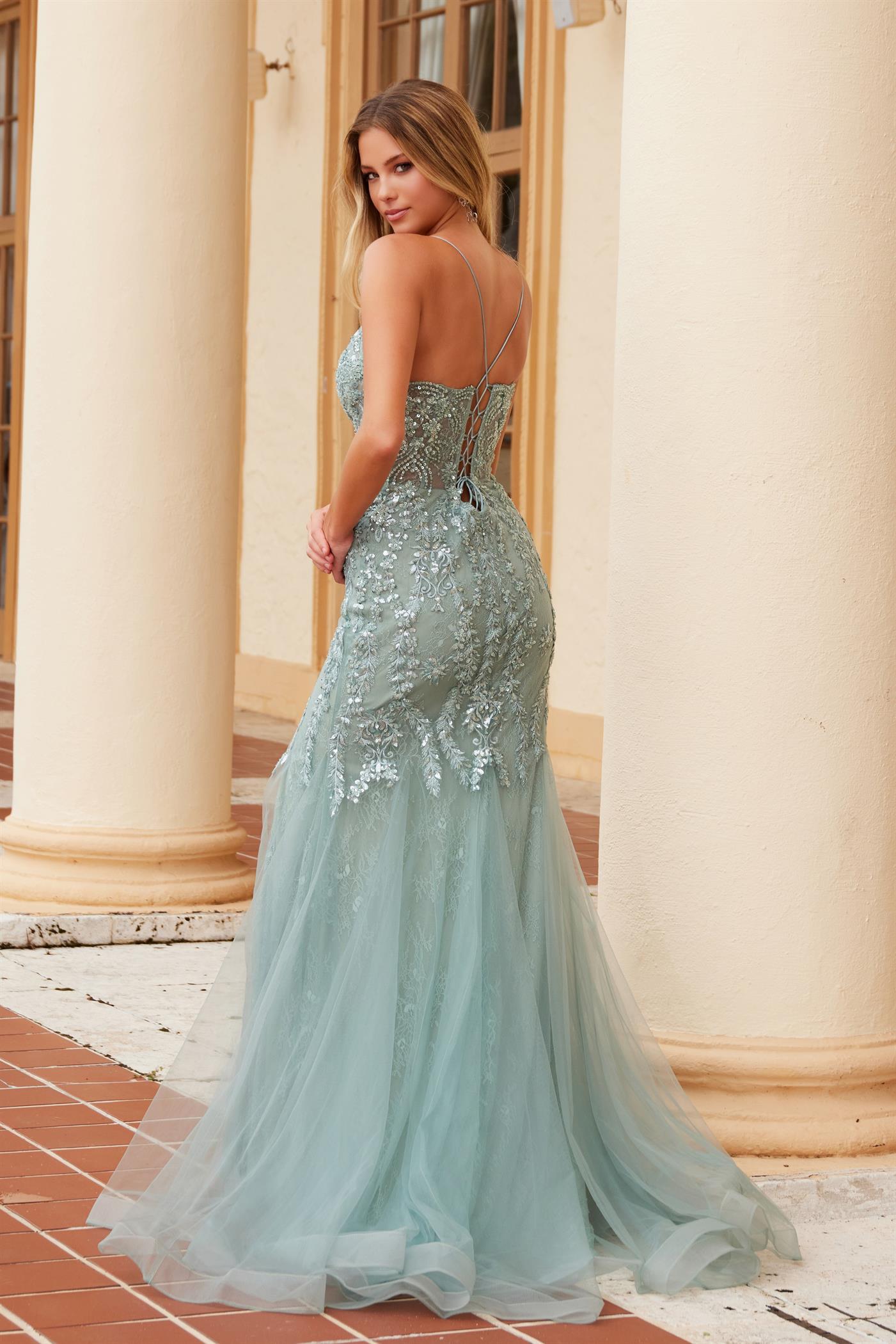 NA25-R1717 LONG GOWN IN TULLE WITH A FULLY SEQUIN APPLIQUE BODICE OPEN SLIT