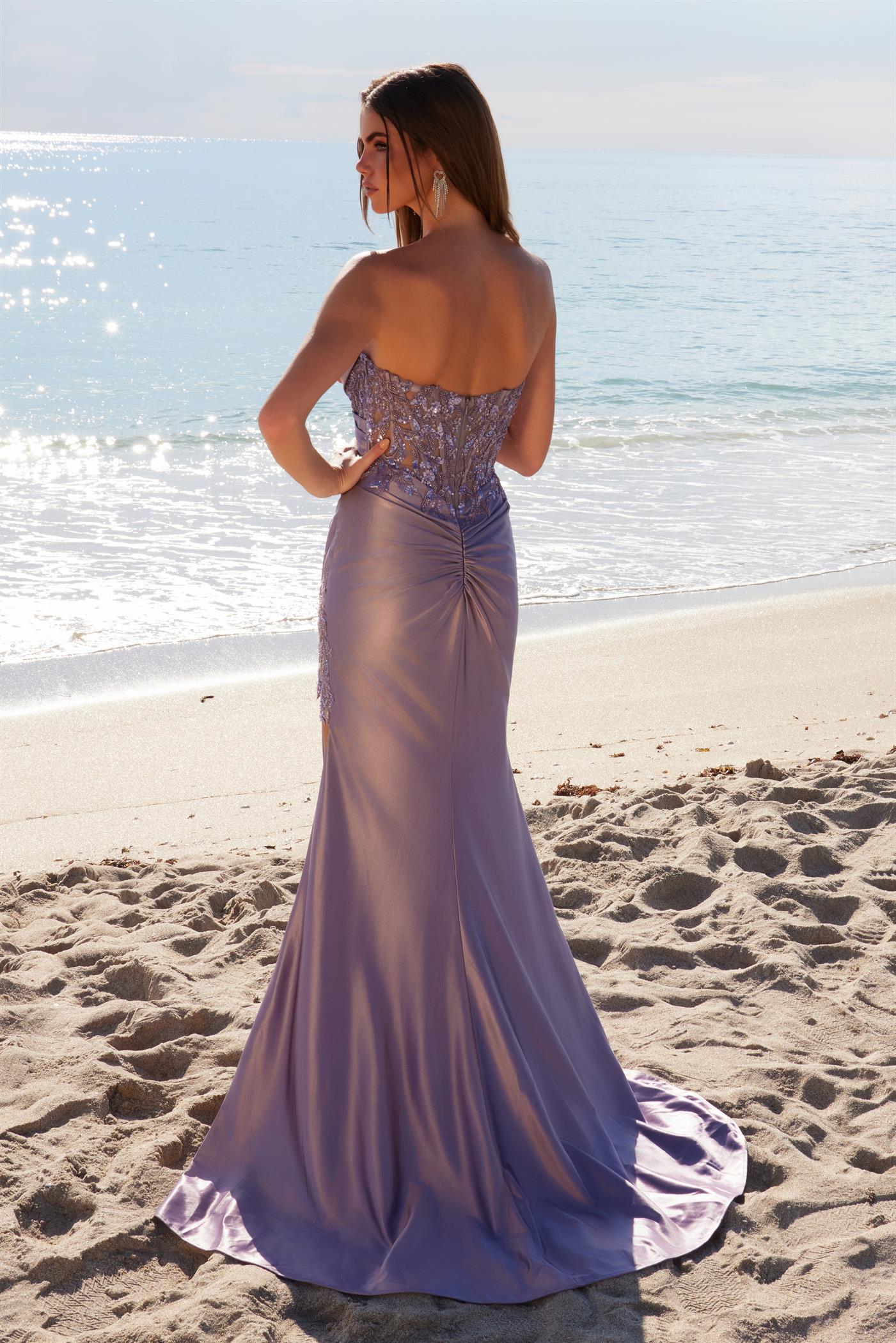 NA25-E1527 LONG FITTED SATIN DRESS WITH A SHEER BONED APPLIQUE WAISTLINE OPEN SLIT RUCHED BACK