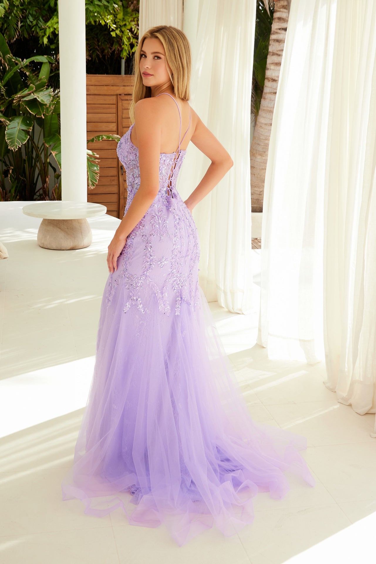 NA25-R1717 LONG GOWN IN TULLE WITH A FULLY SEQUIN APPLIQUE BODICE OPEN SLIT