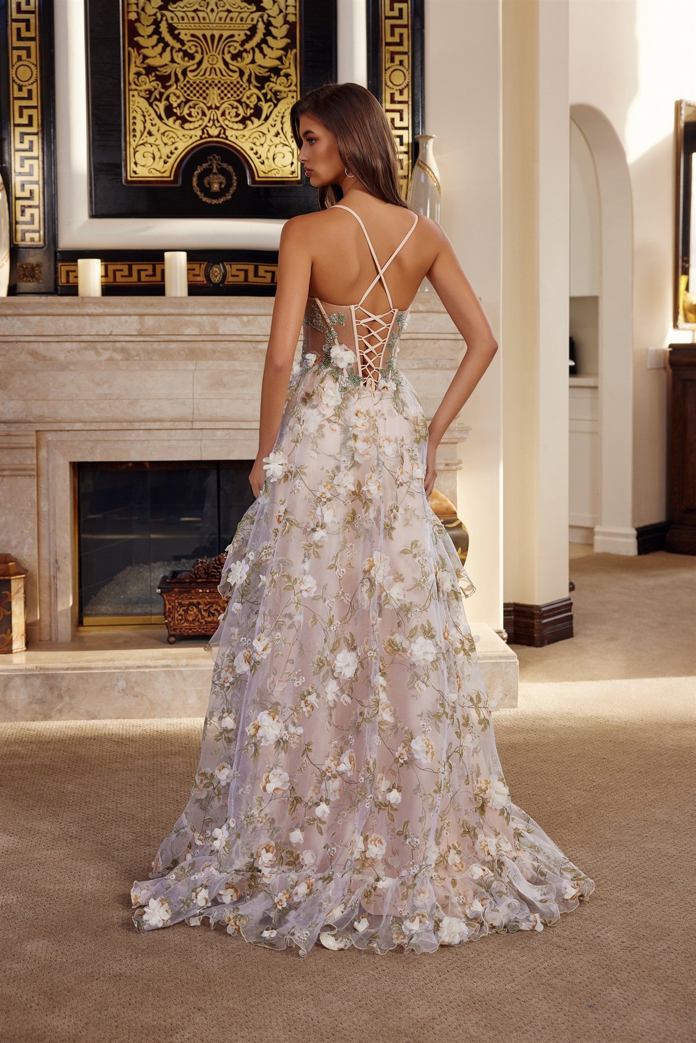NOX26-G1783 LONG ORGANZA BALL GOWN WITH FULL FLOWER APPLIQUE V BUSTLINE