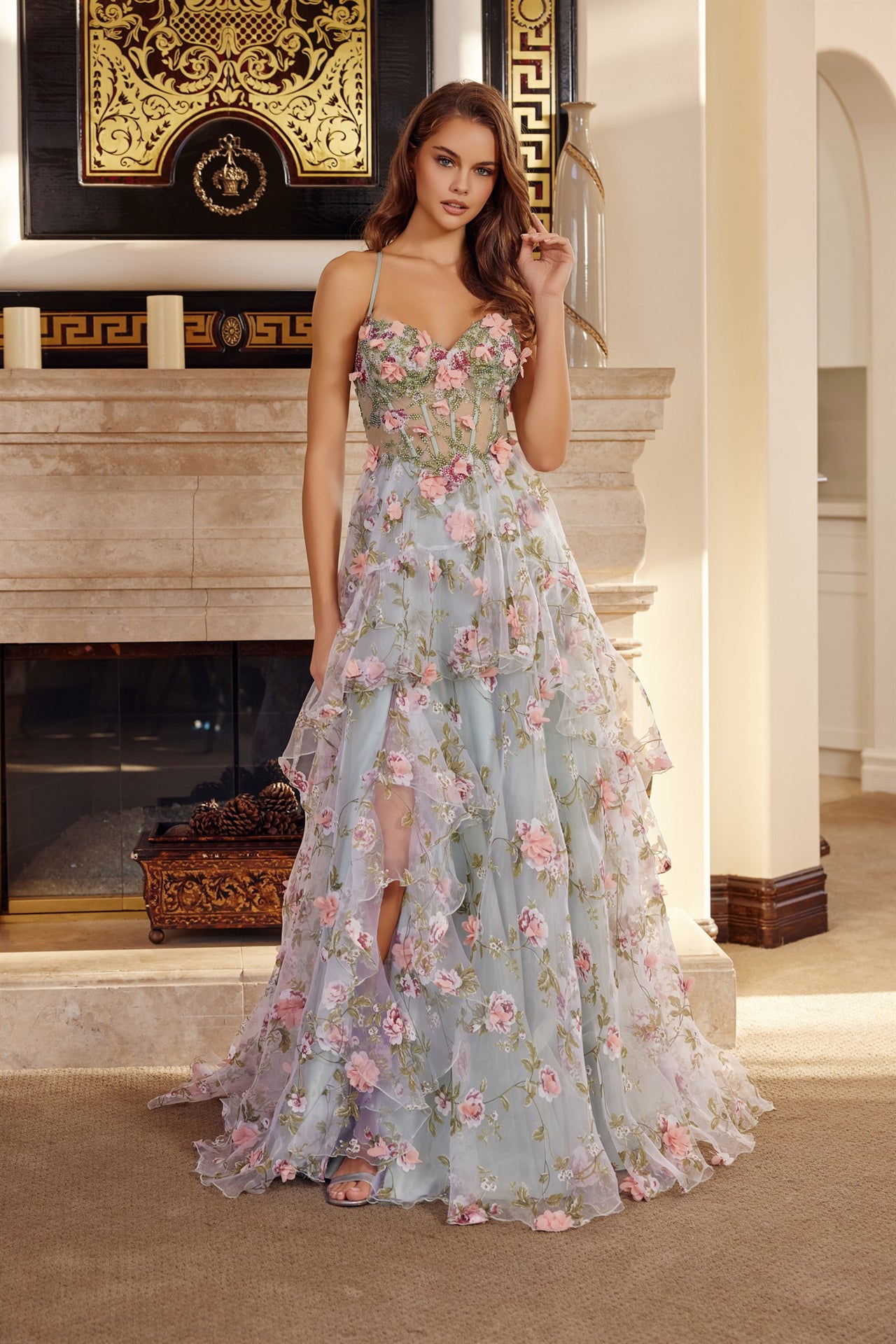 NOX26-G1783 LONG ORGANZA BALL GOWN WITH FULL FLOWER APPLIQUE V BUSTLINE
