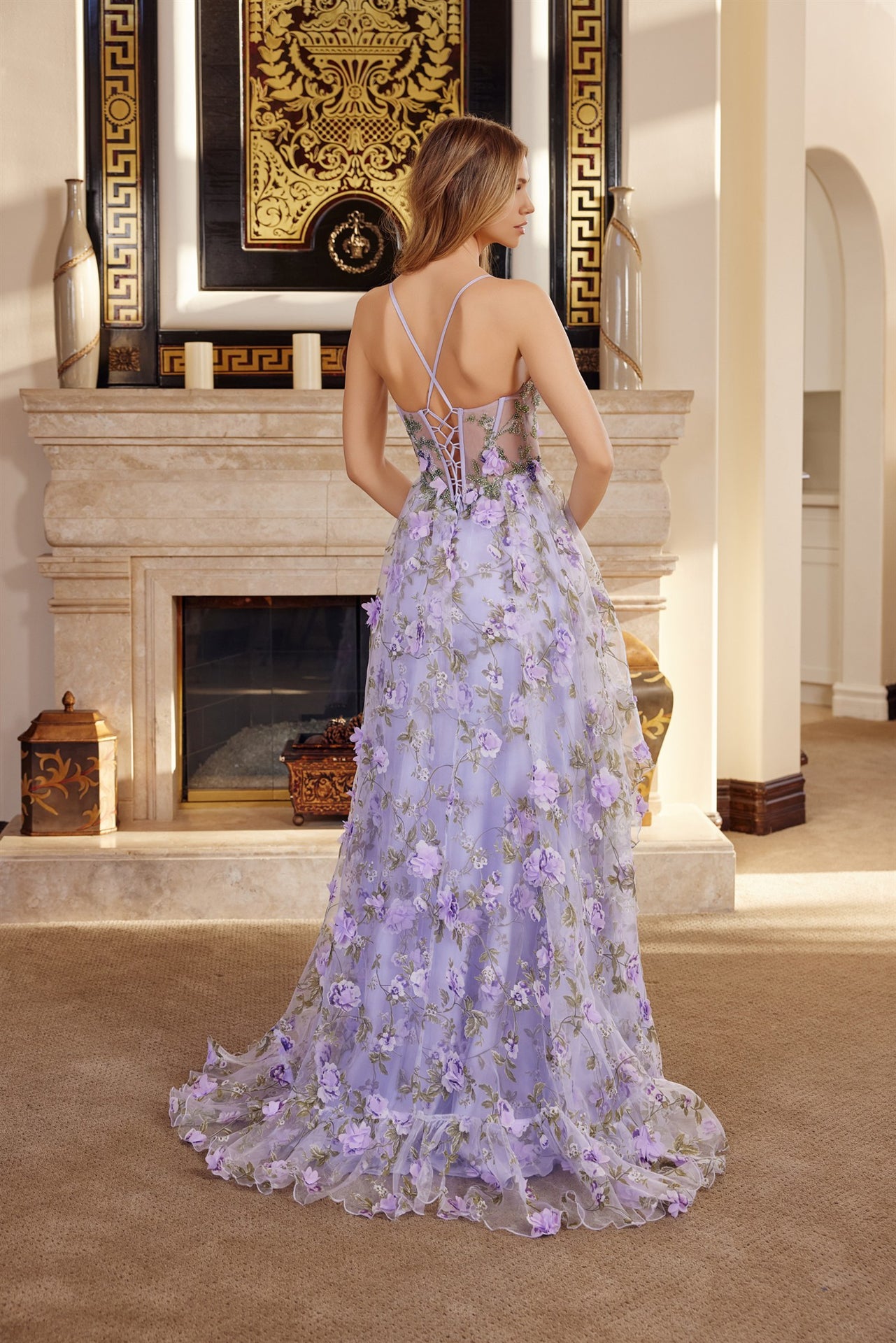 NOX26-G1783 LONG ORGANZA BALL GOWN WITH FULL FLOWER APPLIQUE V BUSTLINE