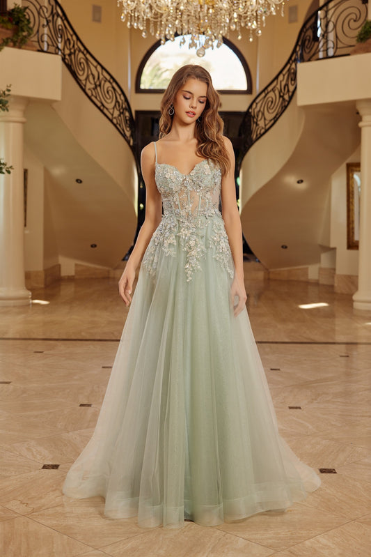 NOX26-G1787 LONG A LINE GOWN SWEETHEART BUSTLINE WITH SPAGHETTI STRAPS