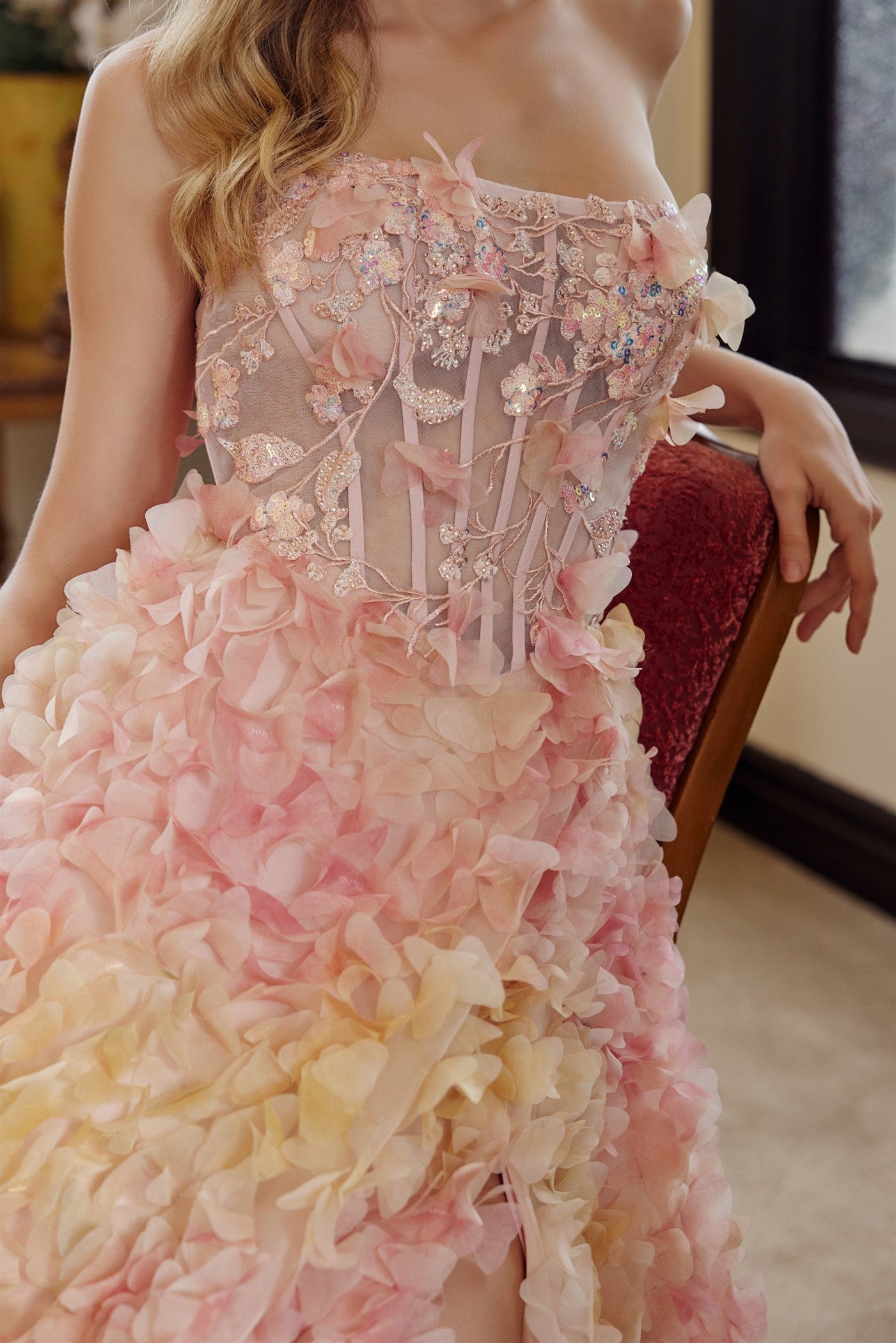 NOX26-G1790 LONG TULLE BALL GOWN WITH FULL FLOWER APPLIQUE TIE BACK