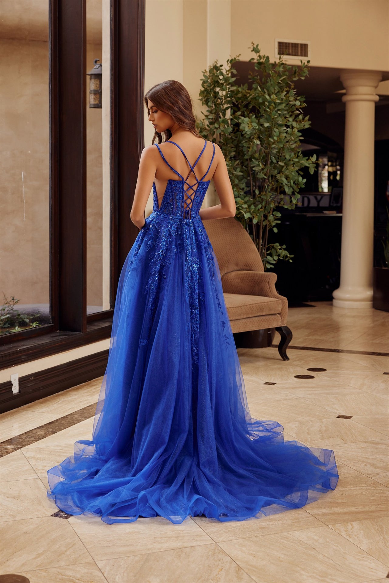 NOX26-H1885 FIT AND FLARE LONG GOWN SEMI SWEETHEART PLUNGING NECKLINE