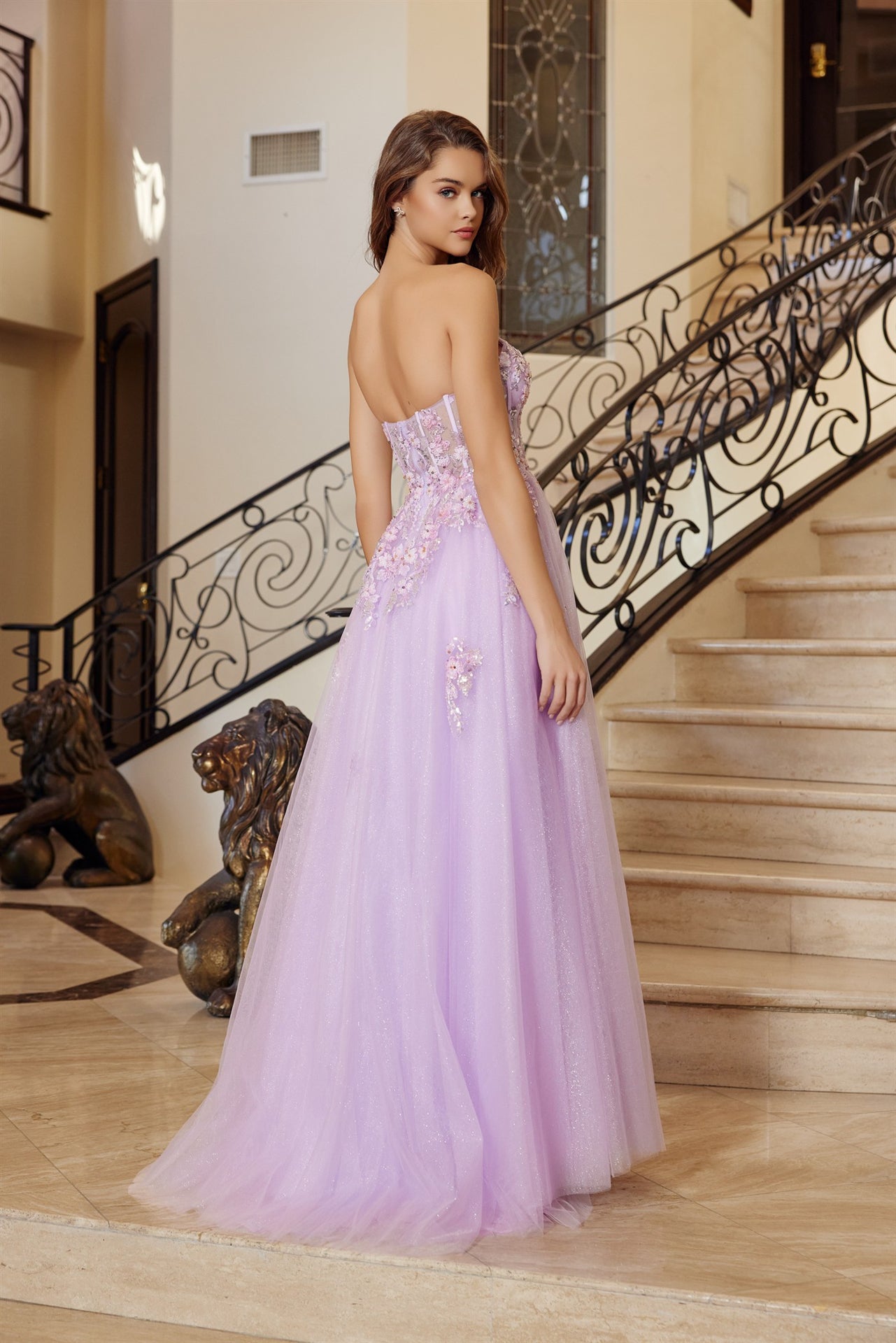 NOX26-Q1773 FIT AND FLARE LONG TULLE GOWN PLUNGING V NECKLINE