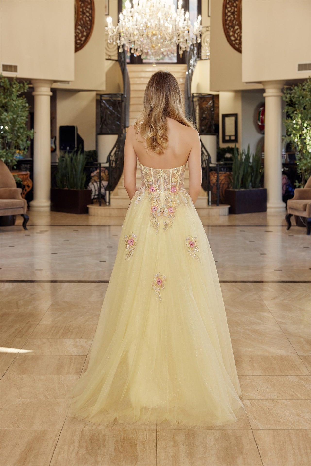 NOX26-Q1773 FIT AND FLARE LONG TULLE GOWN PLUNGING V NECKLINE