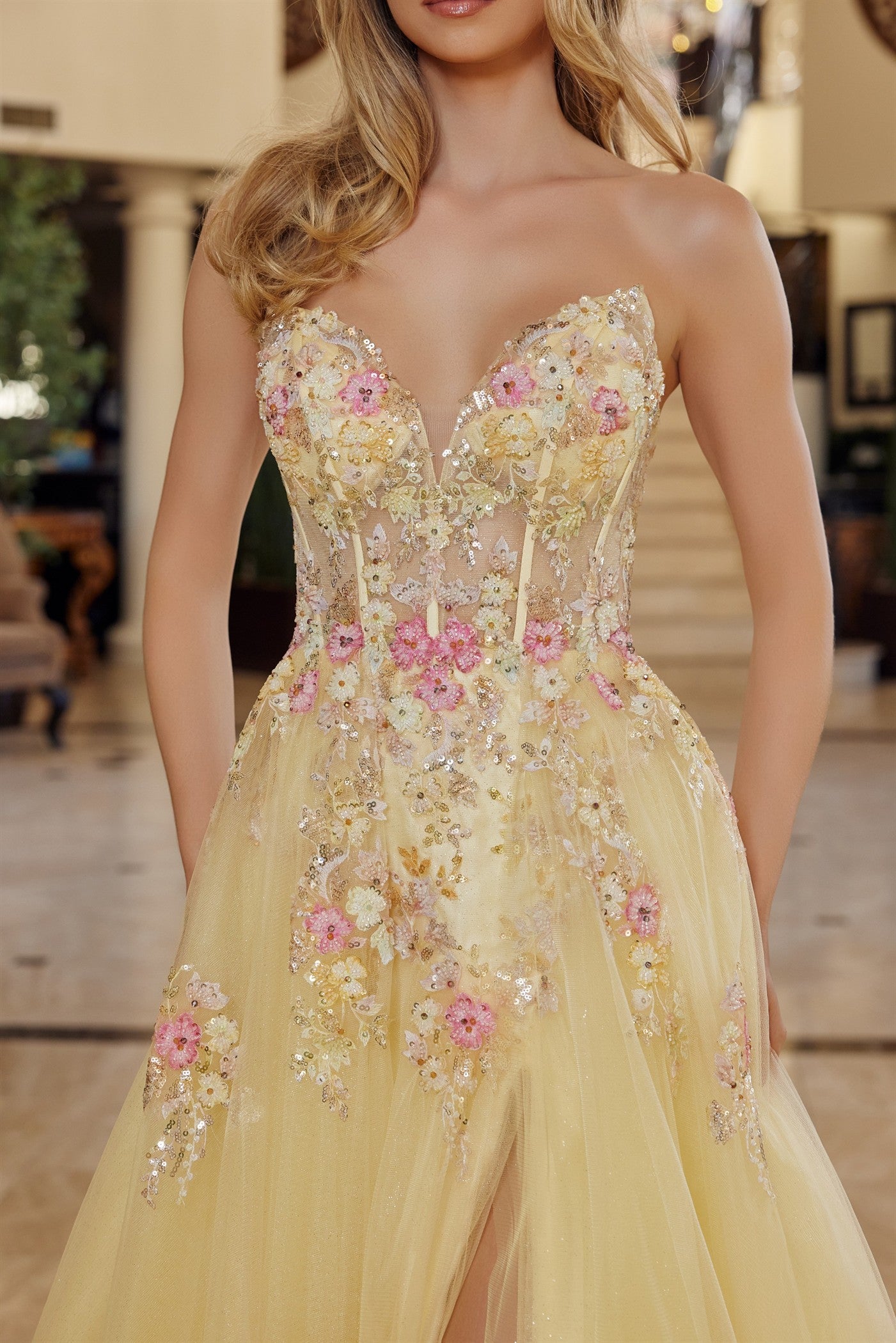 NOX26-Q1773 FIT AND FLARE LONG TULLE GOWN PLUNGING V NECKLINE