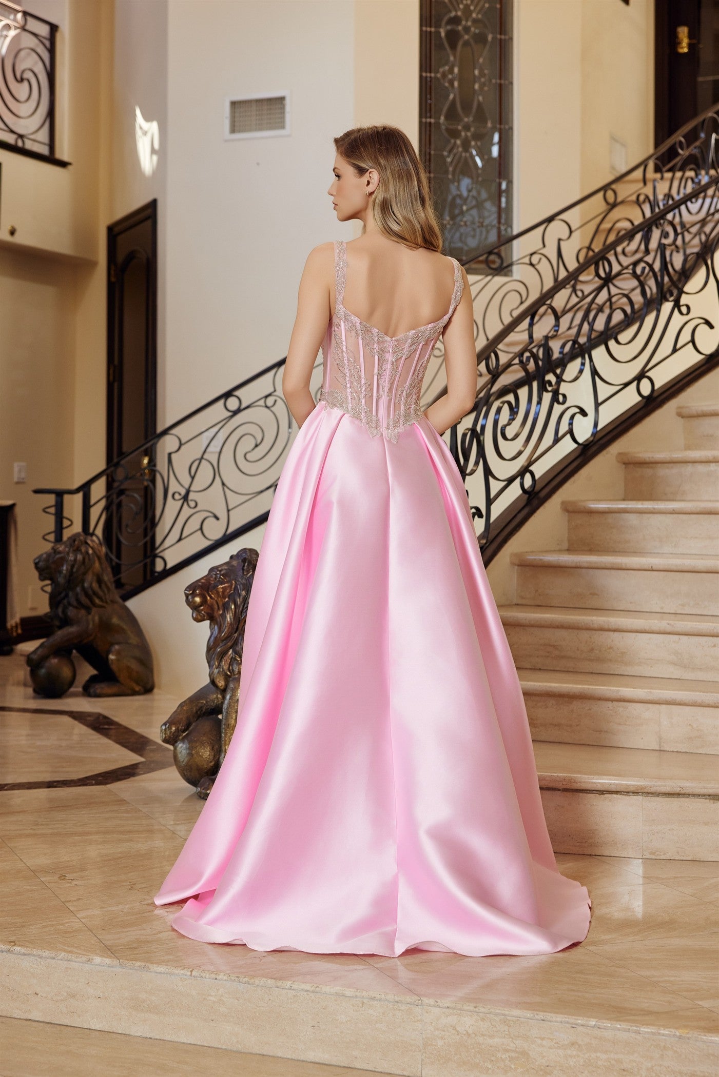 NOX26-Q1775 FIT AND FLARE LONG SATIN GOWN ADORNED WITH SILVER STONES
