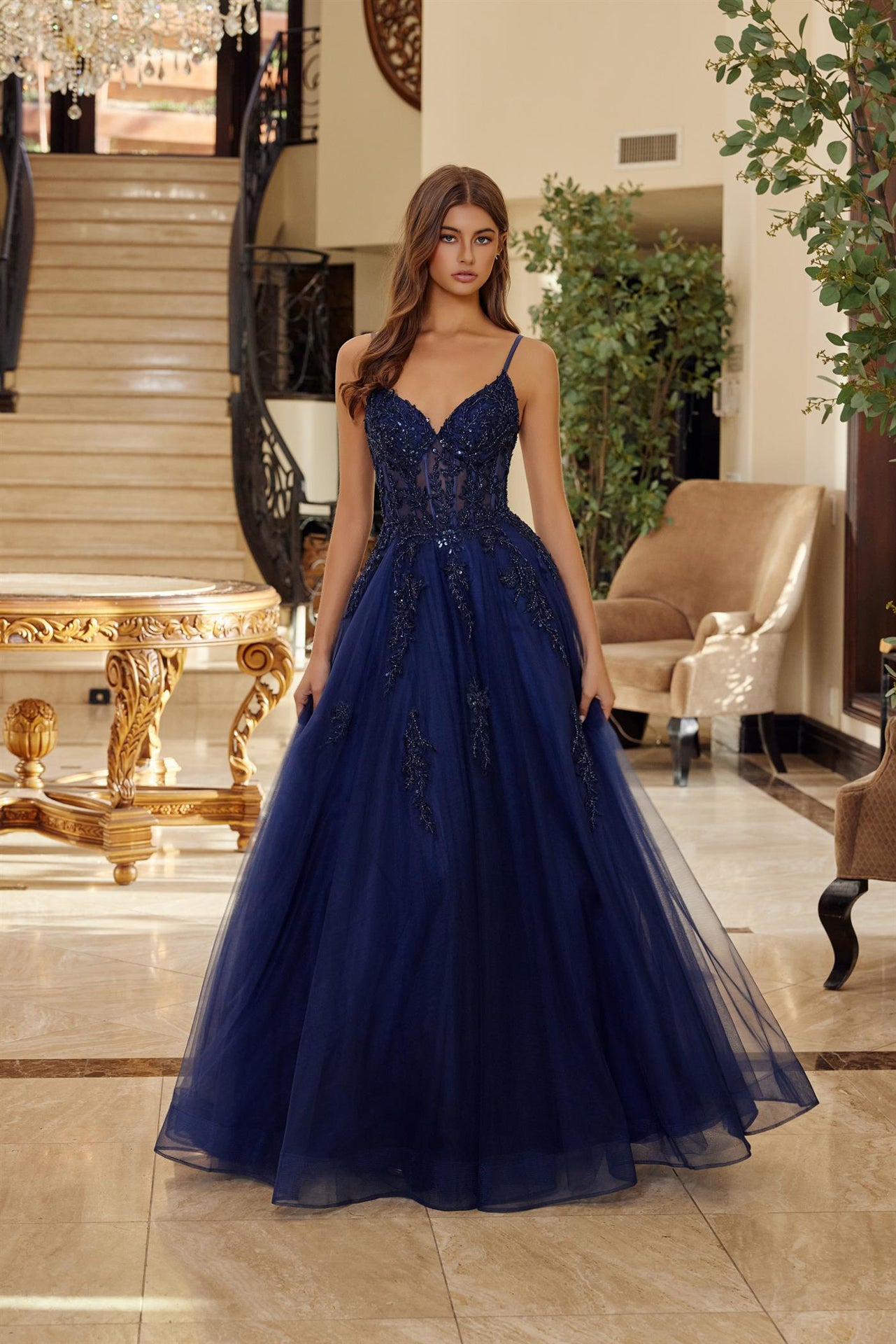 NOX26-Q1778 FIT AND FLARE LONG TULLE GOWN WITH A V NECKLINE THIN STRAPS