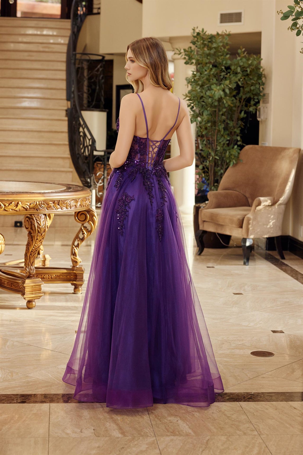 NOX26-Q1778 FIT AND FLARE LONG TULLE GOWN WITH A V NECKLINE THIN STRAPS