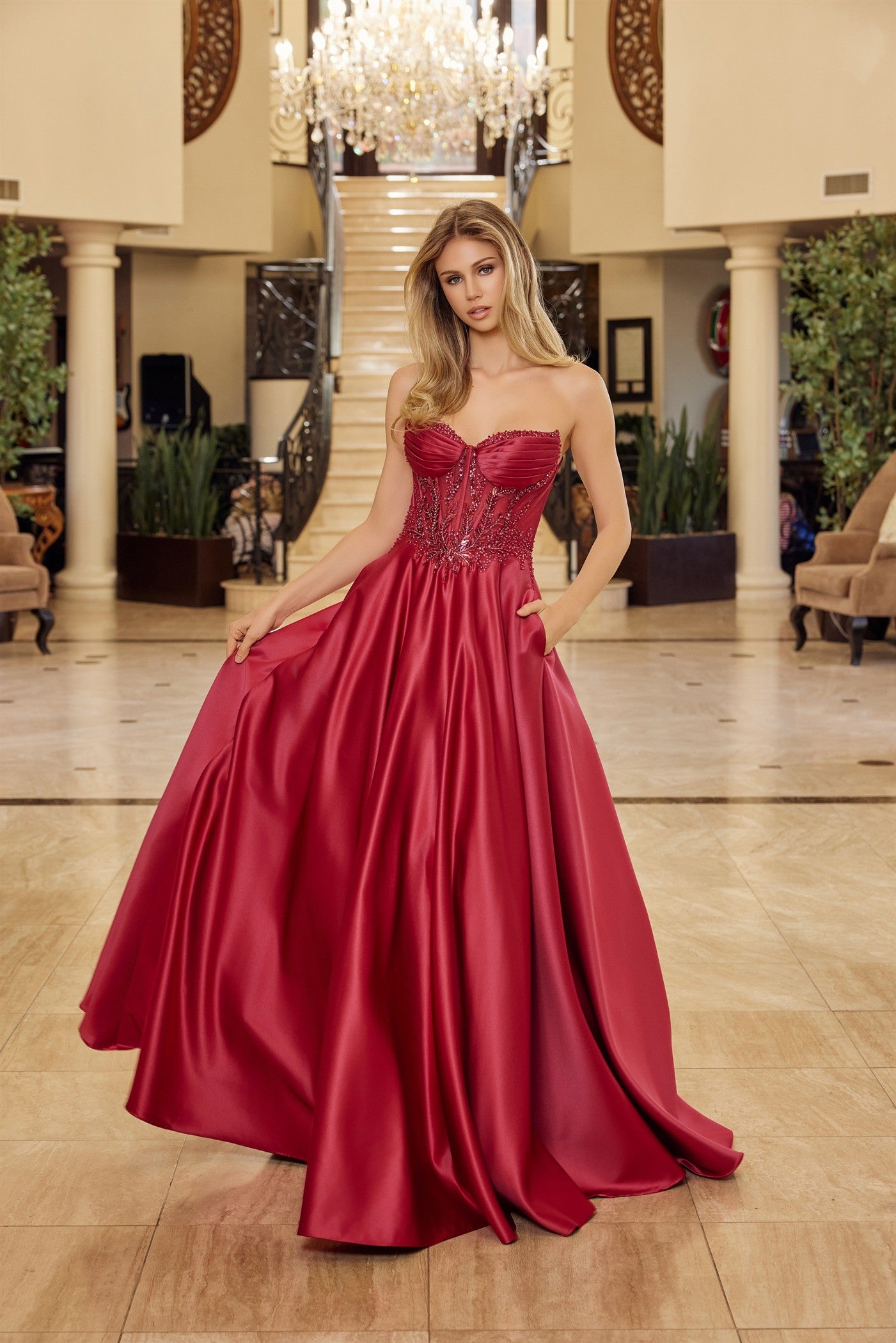 NOX26-Y1798 A LINE SHINY SATIN MATERIAL STRAPLESS SWEETHEART