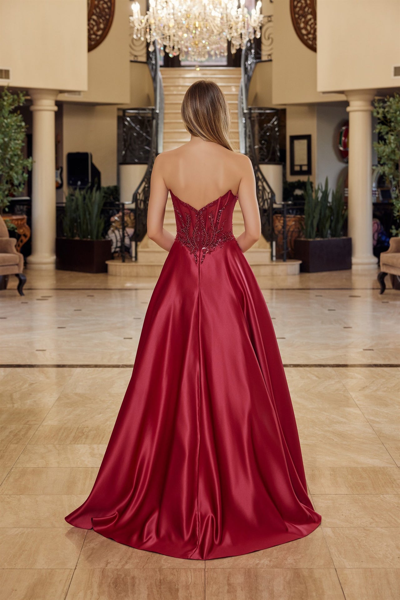 NOX26-Y1798 A LINE SHINY SATIN MATERIAL STRAPLESS SWEETHEART
