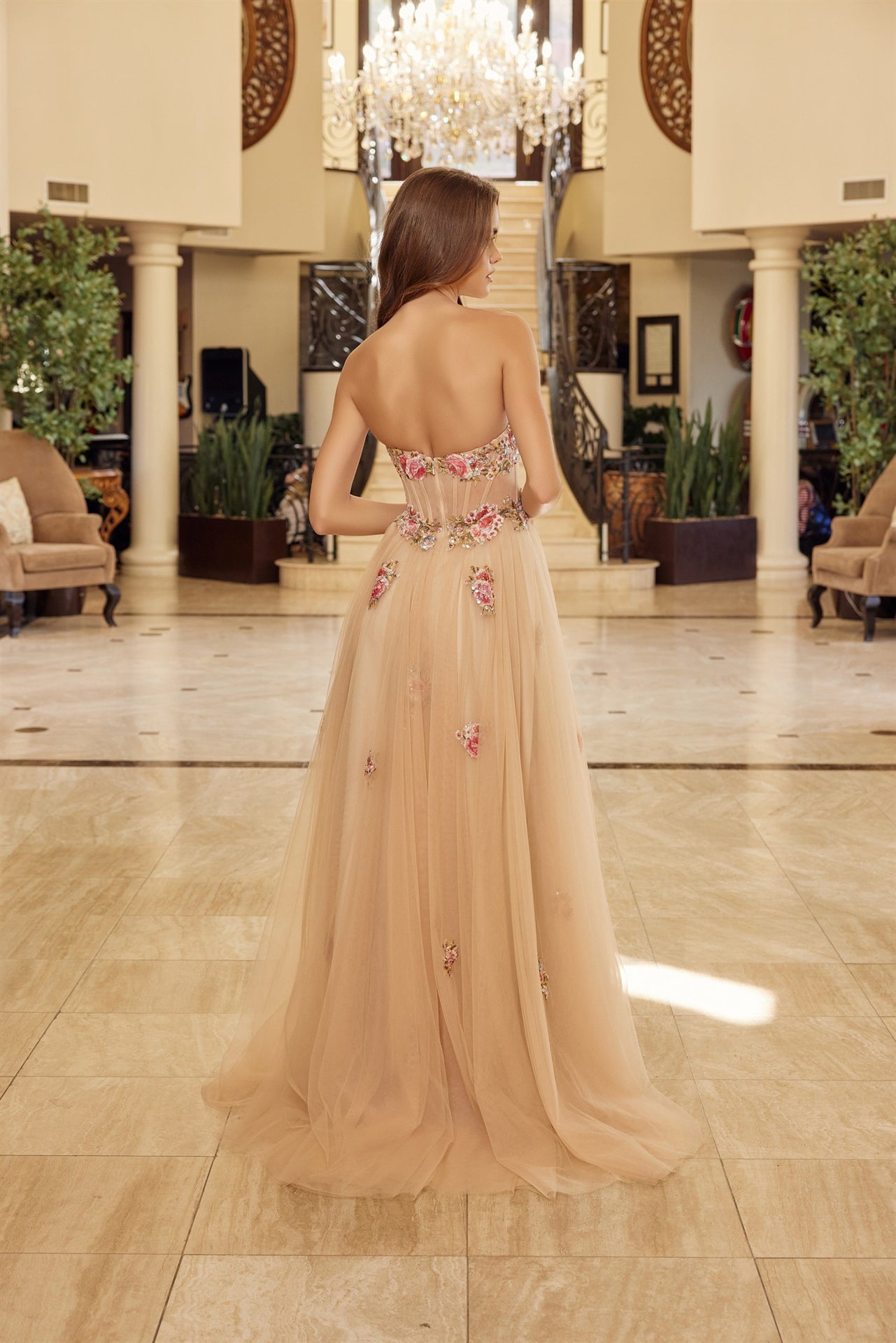 NA26-Y1803 STRAPLESS TULLE BALL GOWN WITH FLORAL SEQUINED EMBROIDERY