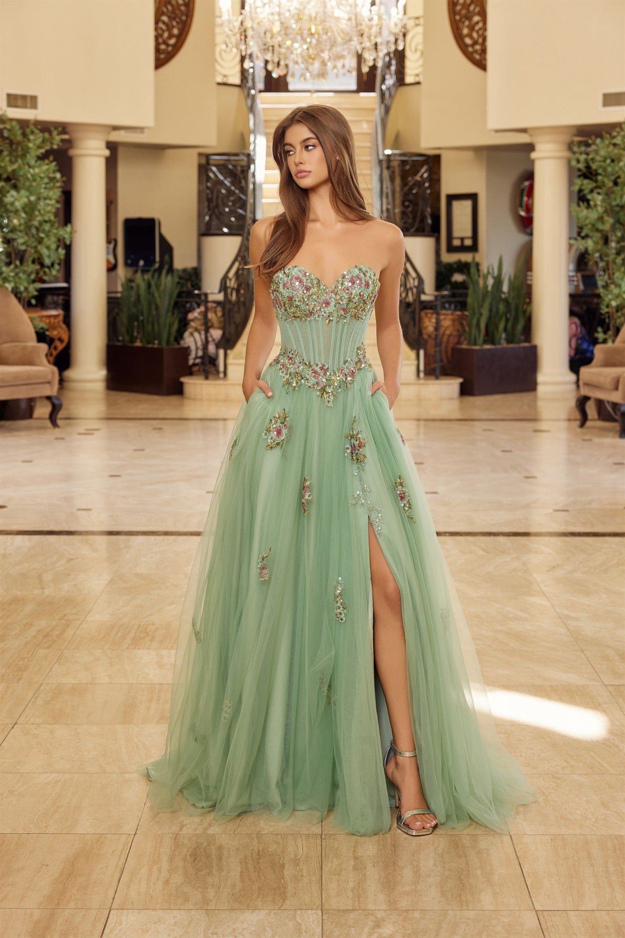 NA26-Y1803 STRAPLESS TULLE BALL GOWN WITH FLORAL SEQUINED EMBROIDERY