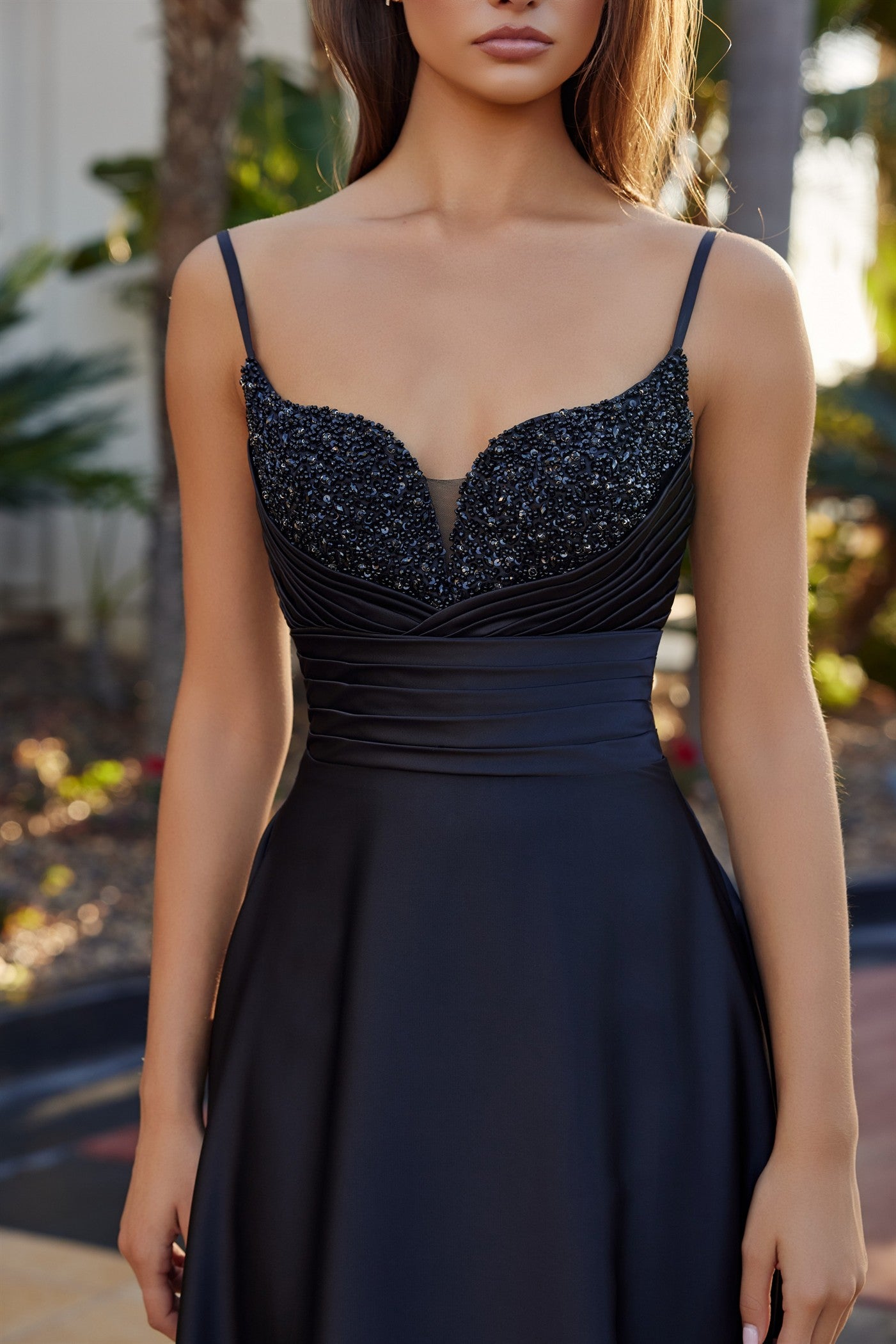 NOX26-Y1808 LONG SATIN ALINE DRESS WITH A SWEETHEART BEADED BUSTLINE