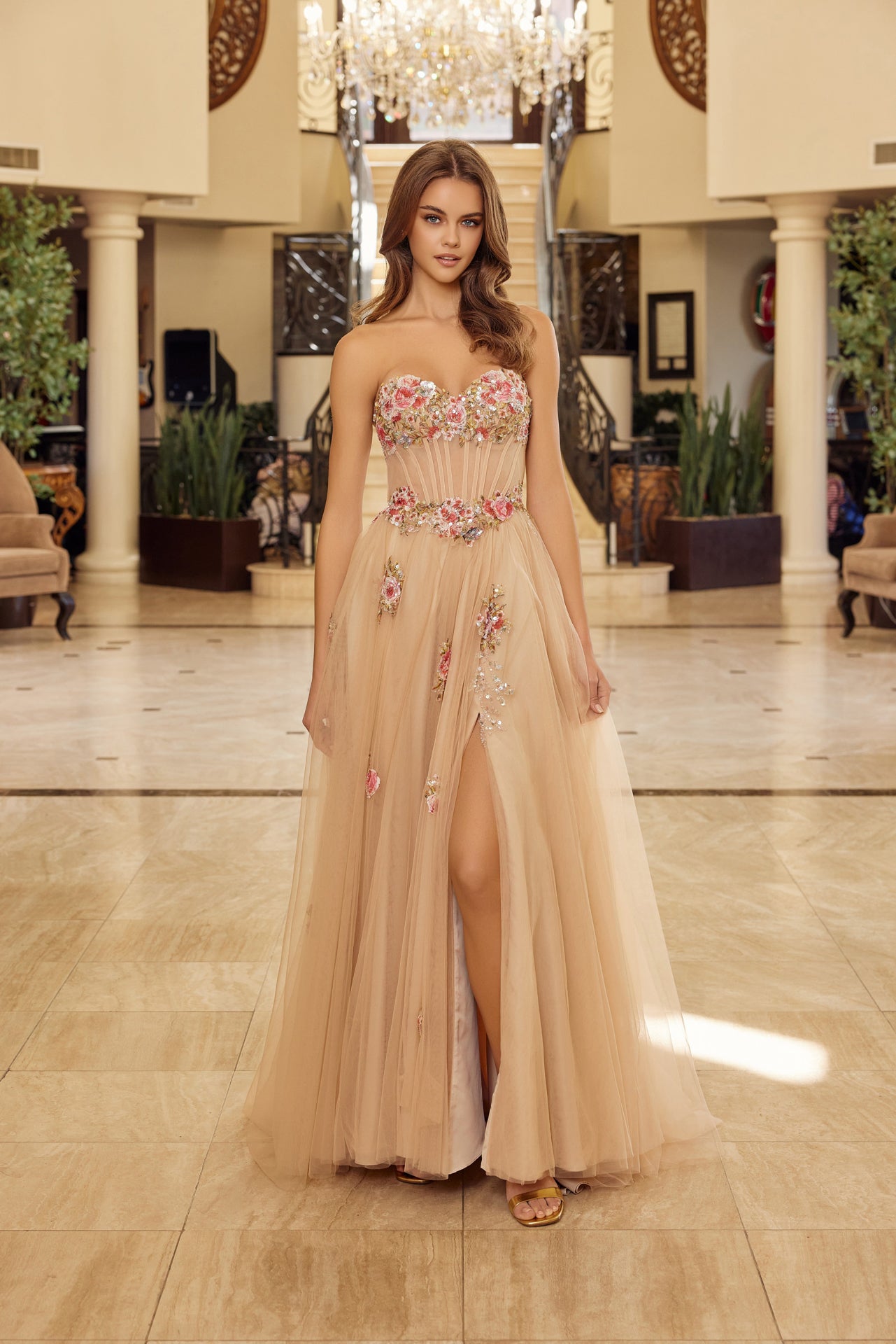 NA26-Y1803 STRAPLESS TULLE BALL GOWN WITH FLORAL SEQUINED EMBROIDERY