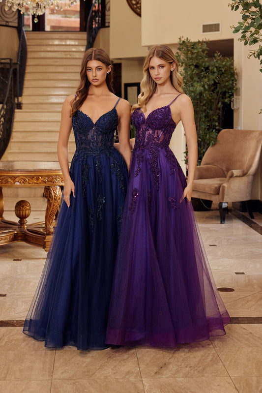 NOX26-Q1778 FIT AND FLARE LONG TULLE GOWN WITH A V NECKLINE THIN STRAPS