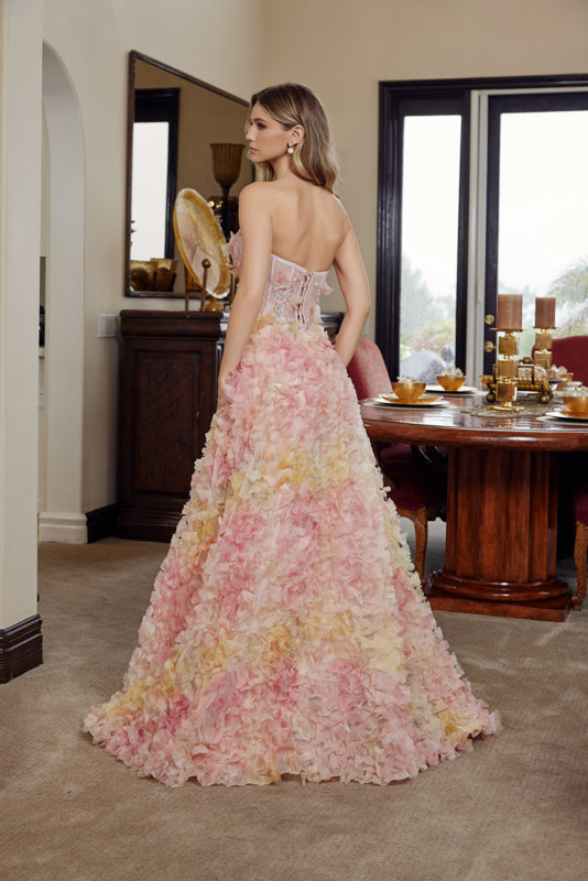 NOX26-G1790 LONG TULLE BALL GOWN WITH FULL FLOWER APPLIQUE TIE BACK