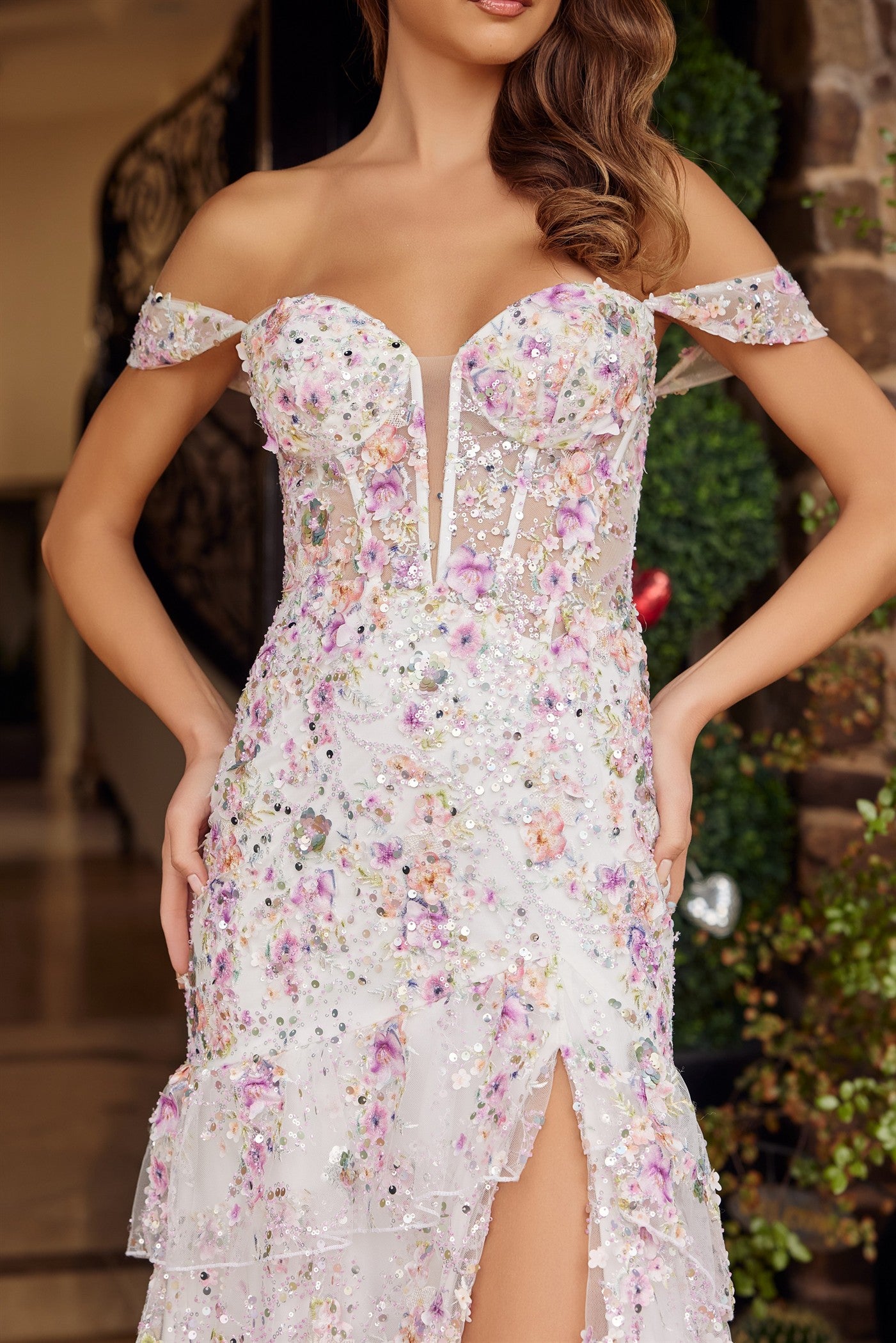 NOX26-G1916 FULL FLOWER SEQUIN AND BEADING APPLIQUE FIT AND FLARE TULLE