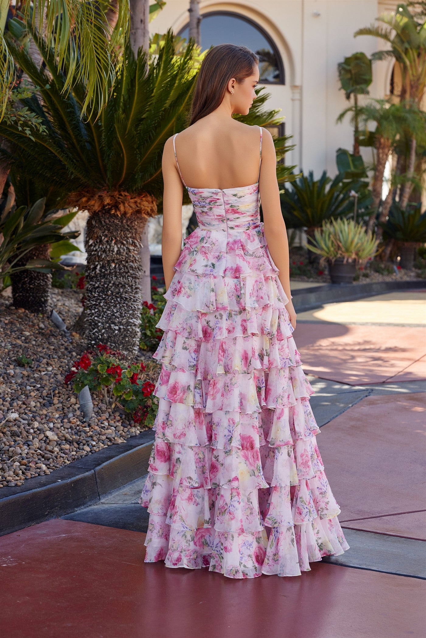 NOX26-Q1777 FLORAL PRINT A LINE GOWN STRAIGHT ACROSS PLEADED BUSTLINE