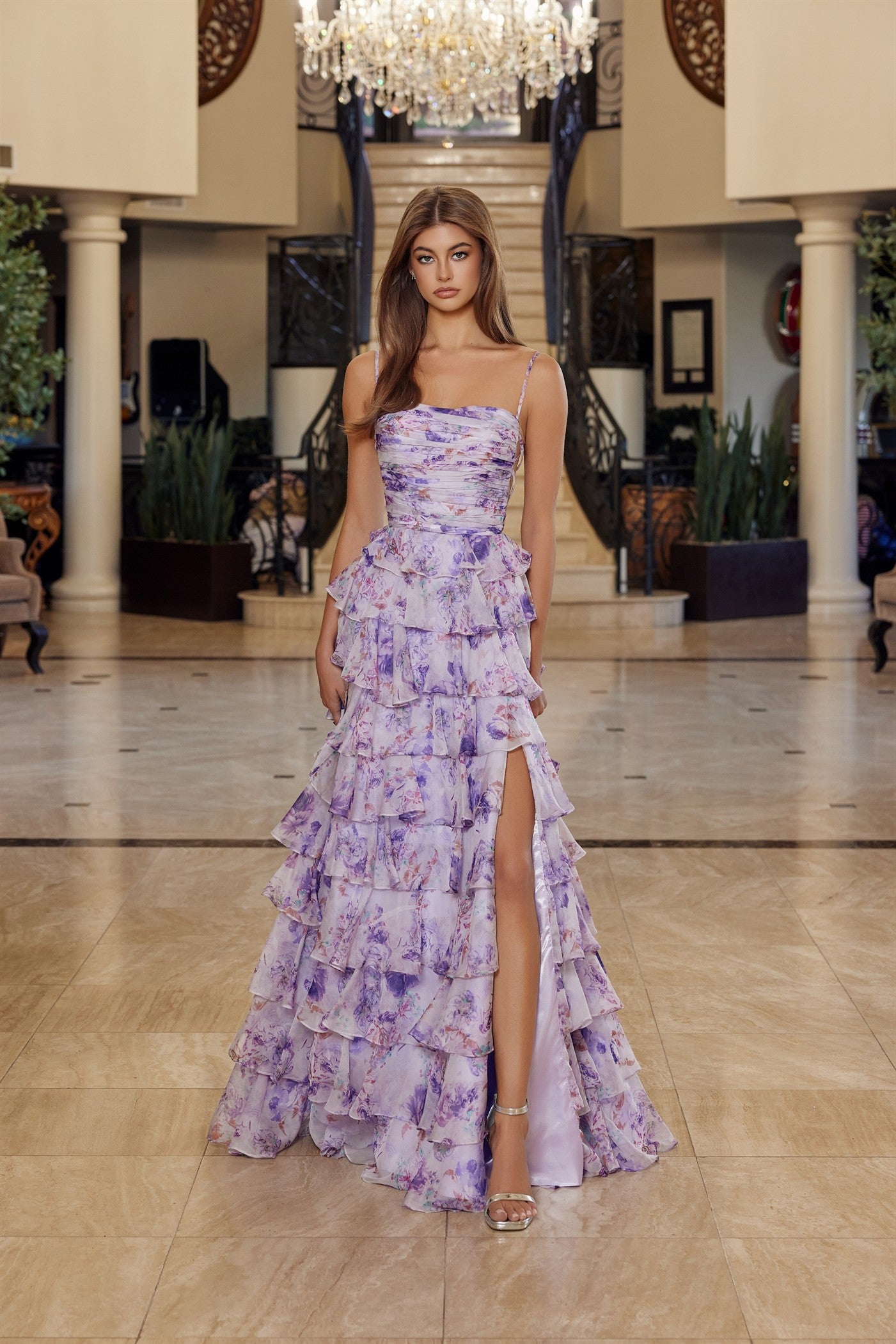 NOX26-Q1777 FLORAL PRINT A LINE GOWN STRAIGHT ACROSS PLEADED BUSTLINE