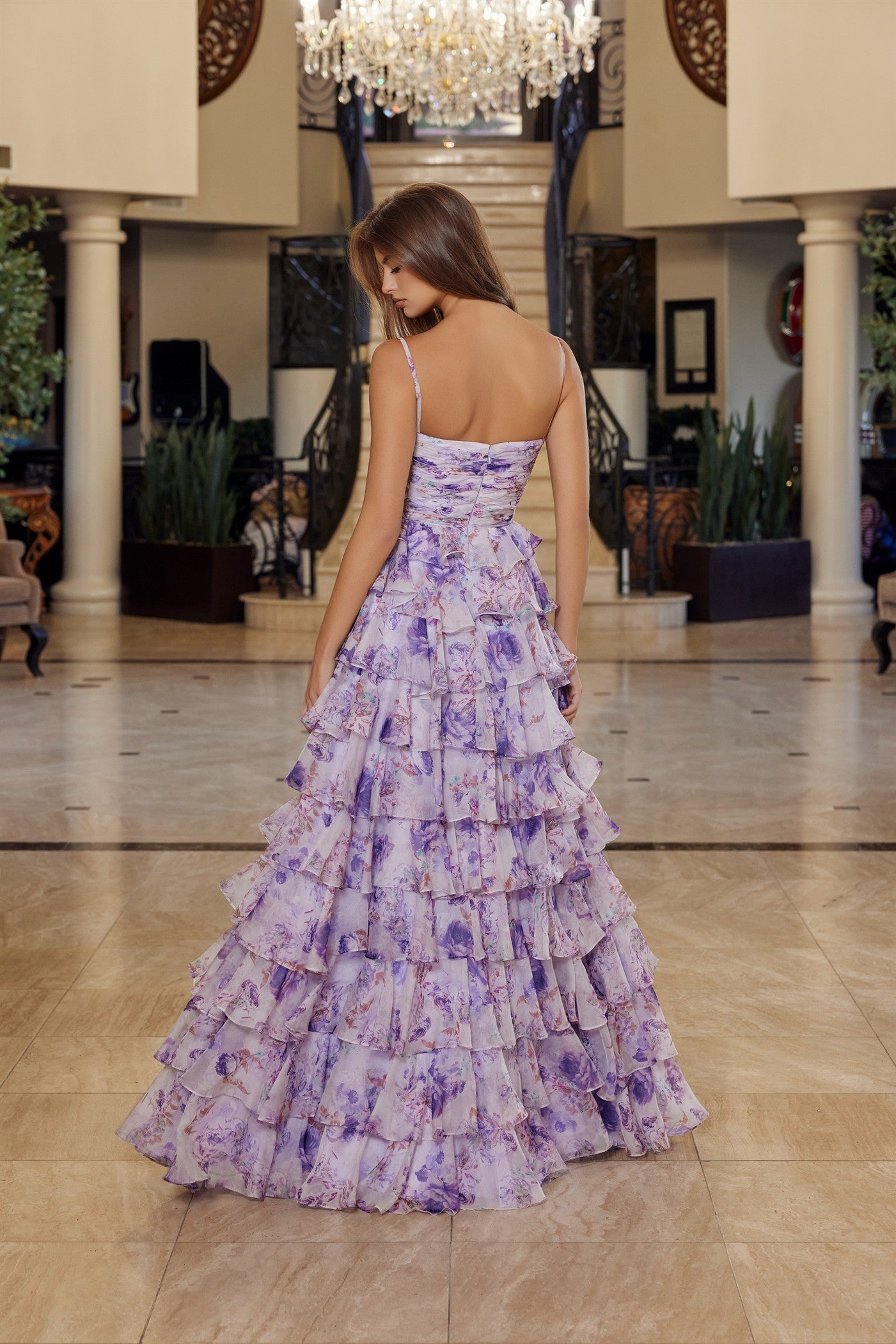 NOX26-Q1777 FLORAL PRINT A LINE GOWN STRAIGHT ACROSS PLEADED BUSTLINE