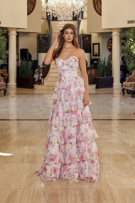 NOX26-Q1779 FLORAL PRINT LONG A LINE GOWN STRAPLESS SWEETHEART BUSTLINE