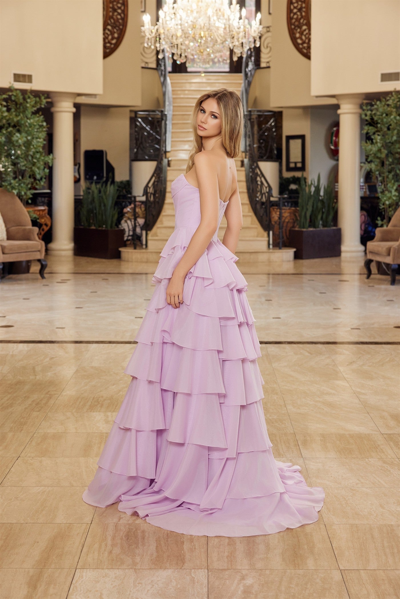 NOX26-Y1806 MULTILAYERED LONG BALL GOWN SEQUINED BUSTLINE