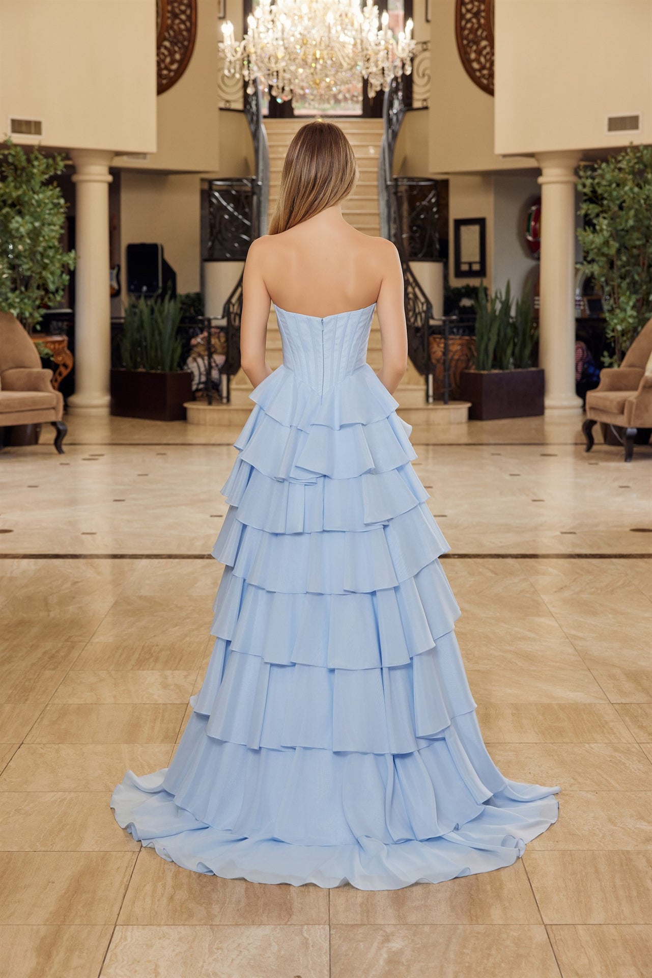 NOX26-Y1806 MULTILAYERED LONG BALL GOWN SEQUINED BUSTLINE