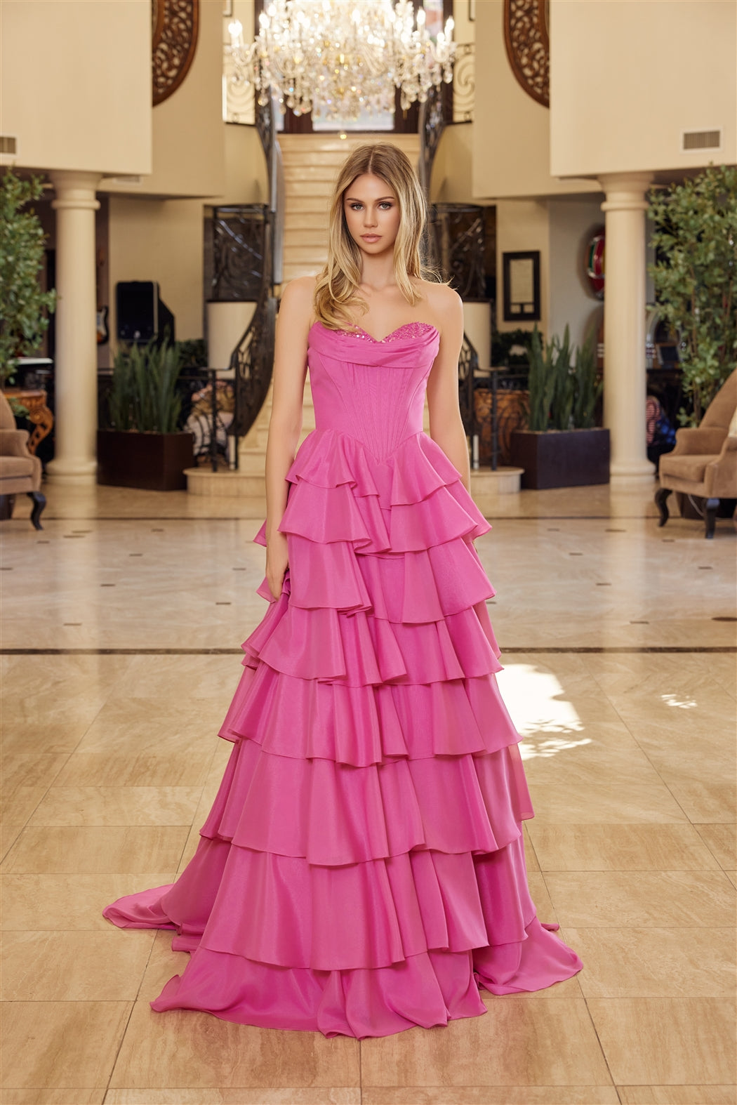 NOX26-Y1806 MULTILAYERED LONG BALL GOWN SEQUINED BUSTLINE