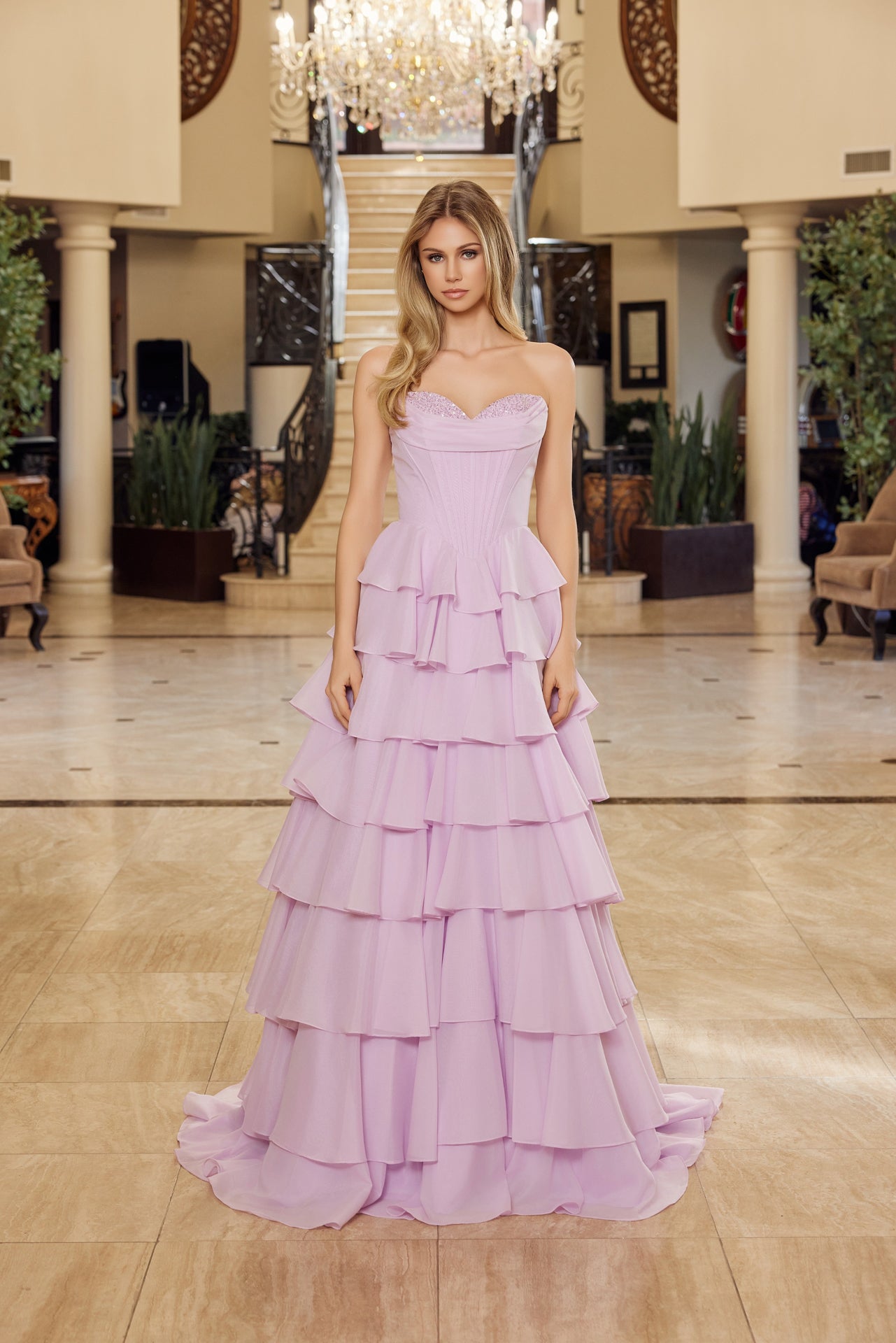 NOX26-Y1806 MULTILAYERED LONG BALL GOWN SEQUINED BUSTLINE