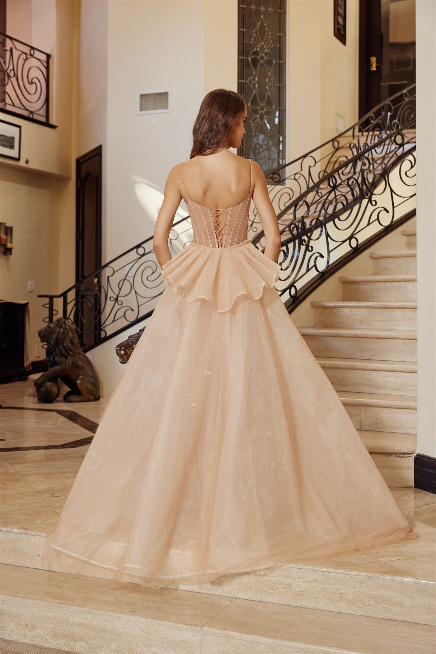 NOX26-N1763 LONG FITTED FULLY BEADED TULLE GOWN DETACHABLE TAIL SKIRT