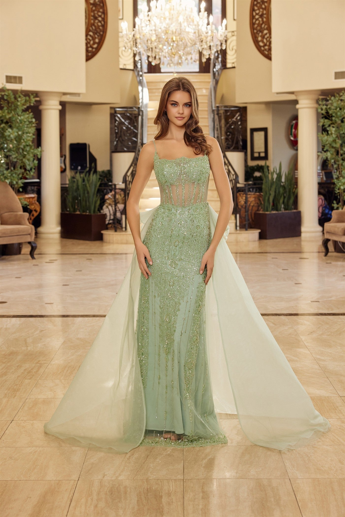 NOX26-N1763 LONG FITTED FULLY BEADED TULLE GOWN DETACHABLE TAIL SKIRT