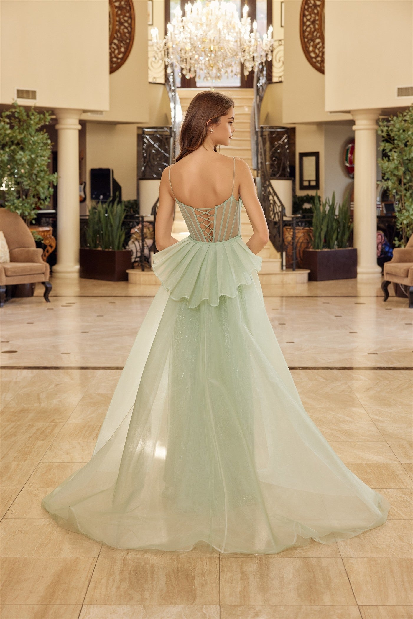 NOX26-N1763 LONG FITTED FULLY BEADED TULLE GOWN DETACHABLE TAIL SKIRT