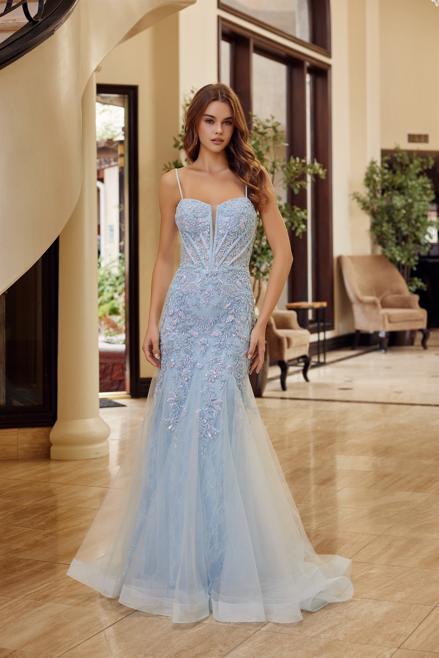 NOX26-H1874 TRUMPET SILHOUETTE TULLE MATERIAL PLUNGING SEMI SWEETHEAR