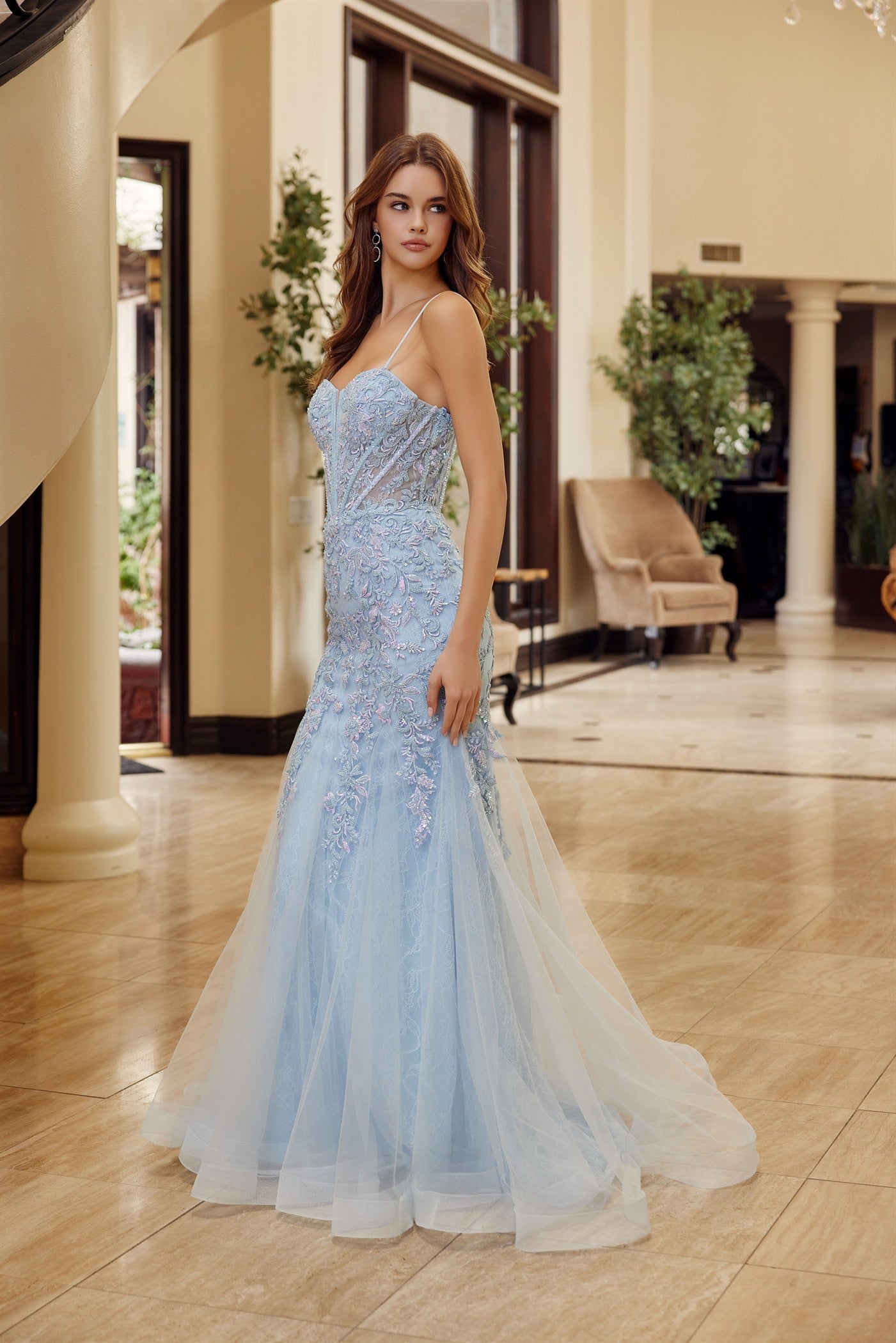NOX26-H1874 TRUMPET SILHOUETTE TULLE MATERIAL PLUNGING SEMI SWEETHEAR