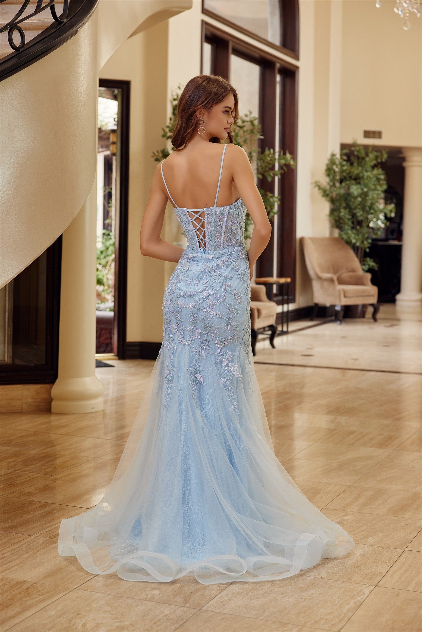 NOX26-H1874 TRUMPET SILHOUETTE TULLE MATERIAL PLUNGING SEMI SWEETHEAR