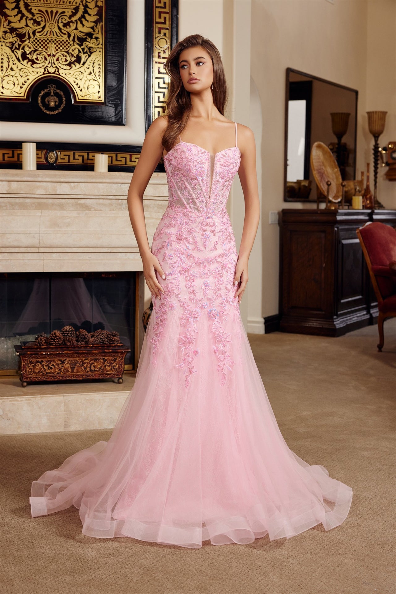 NOX26-H1874 TRUMPET SILHOUETTE TULLE MATERIAL PLUNGING SEMI SWEETHEAR
