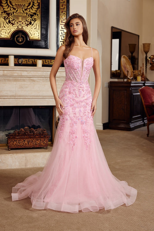 NOX26-H1874 TRUMPET SILHOUETTE TULLE MATERIAL PLUNGING SEMI SWEETHEAR