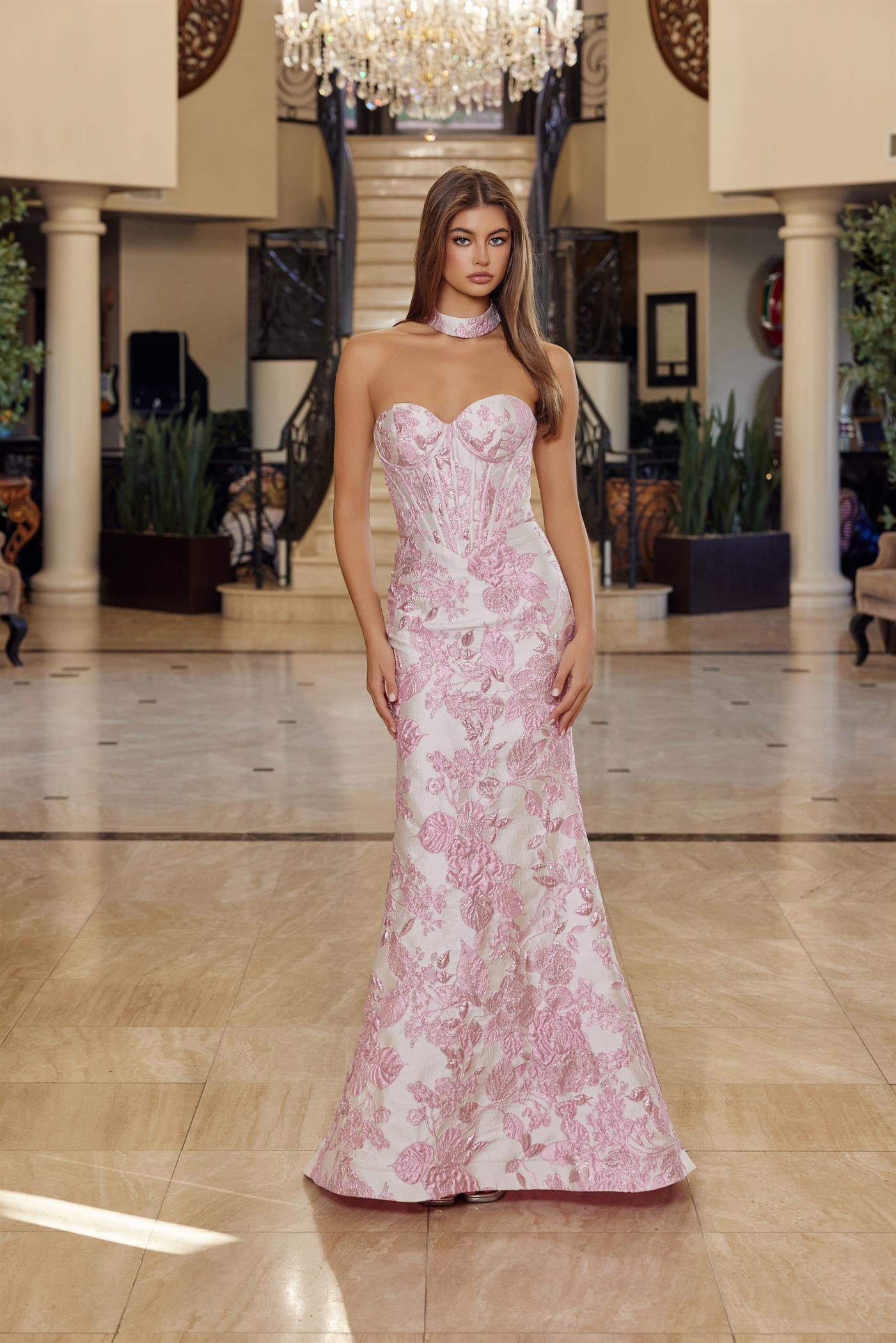 NOX26-T1922 LONG STRAPLESS GOWN TRUMPET SILHOUETTE MATCHING CHOKER